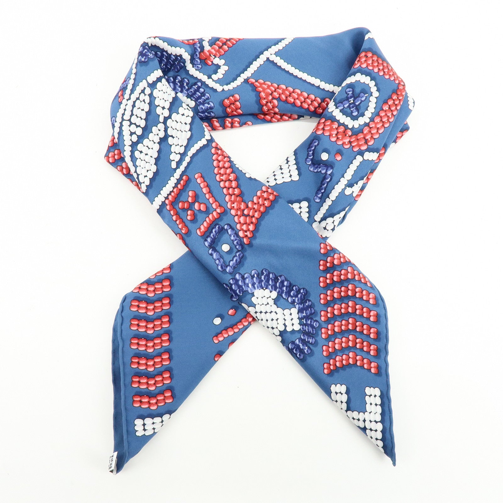 HERMES Carre 65 Silk 100% Scarf KELLY EN PERLES Pearl Print Blue