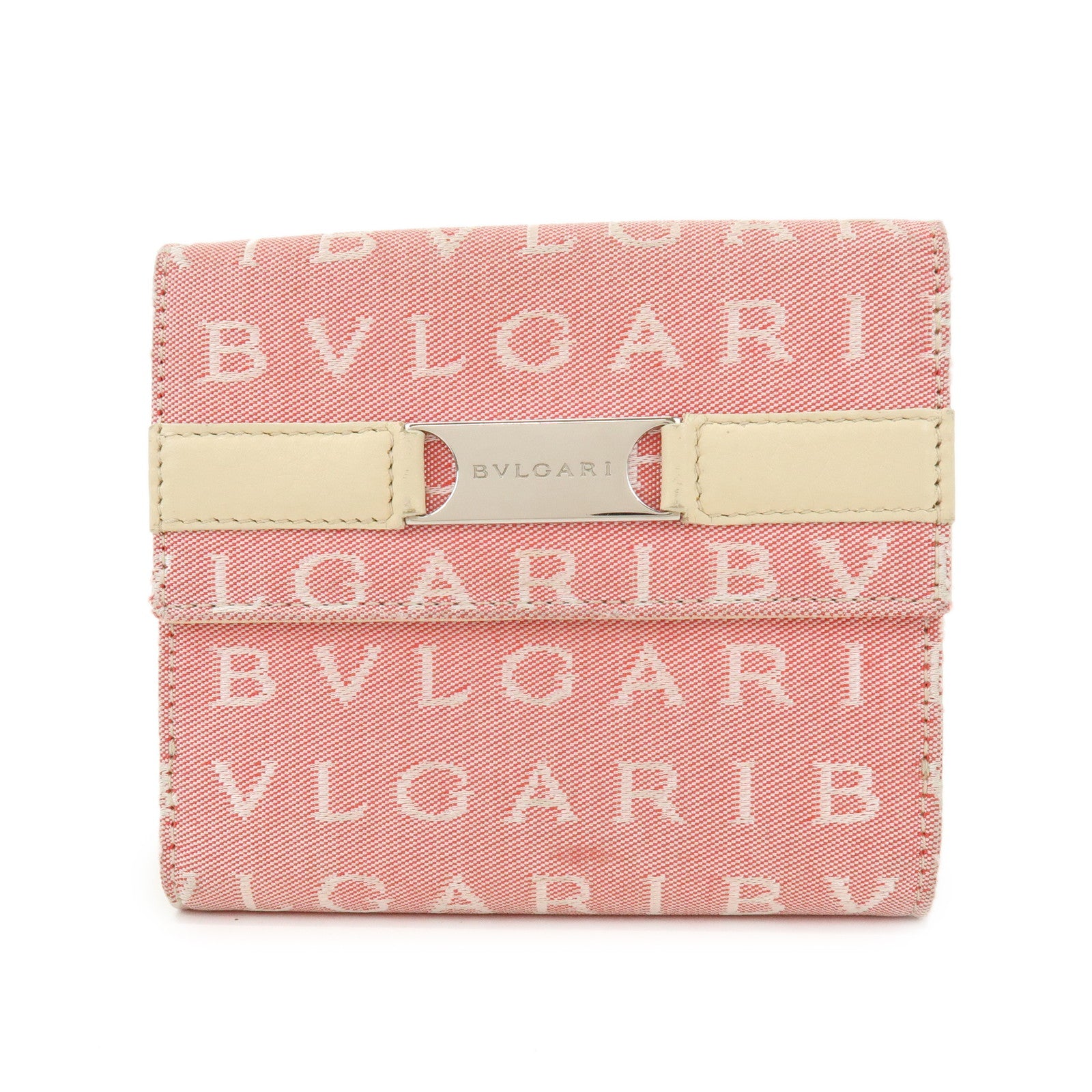 BVLGARI Logo Mania Canvas Leather Compact Wallet Pink Ivory