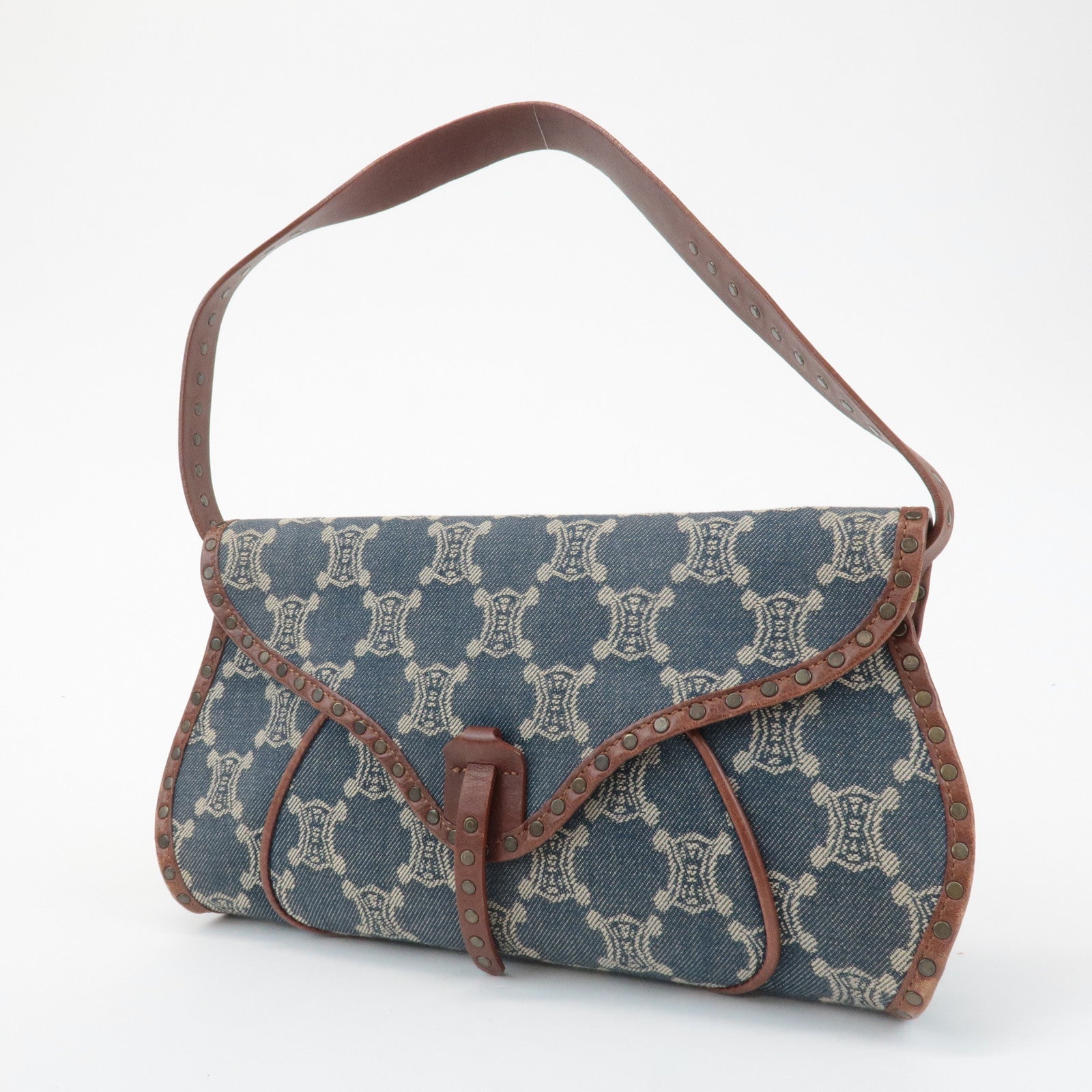 CELINE Macadam Denim Canvas Leather Shoulder Bag Blue Brown Used