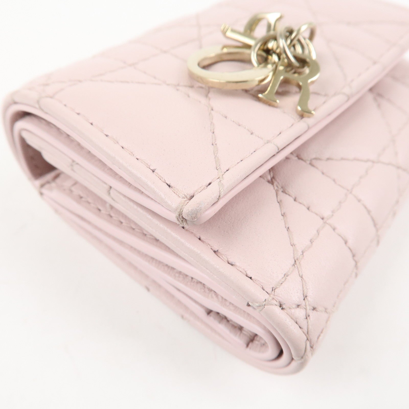 Christian Dior Cannage Leather Compact Wallet Pink Used