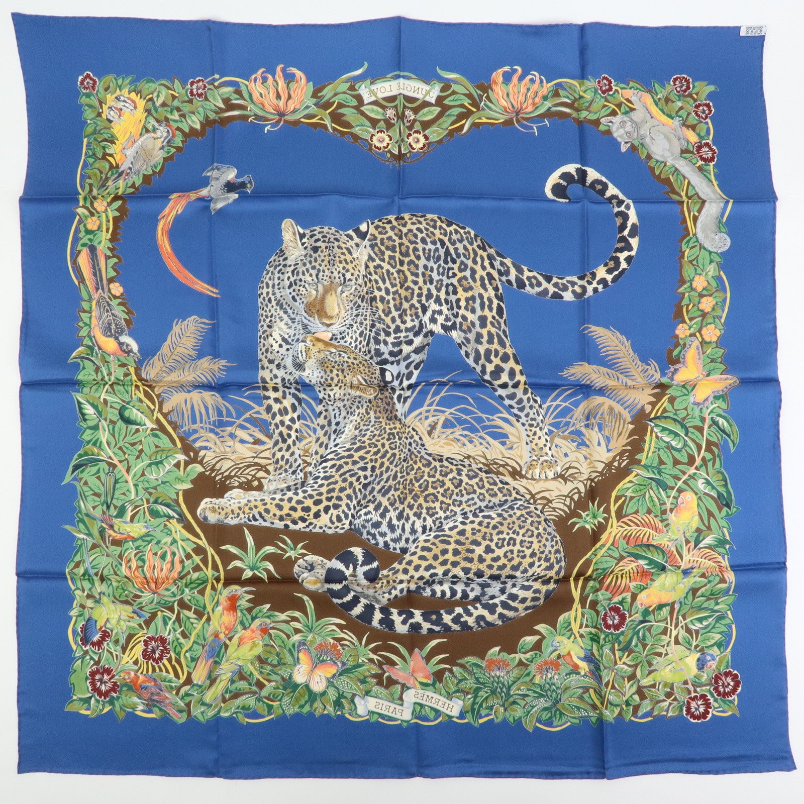 HERMES Carre 90 Silk 100% Scarf JUNGLE LOVE Navy Brown Green
