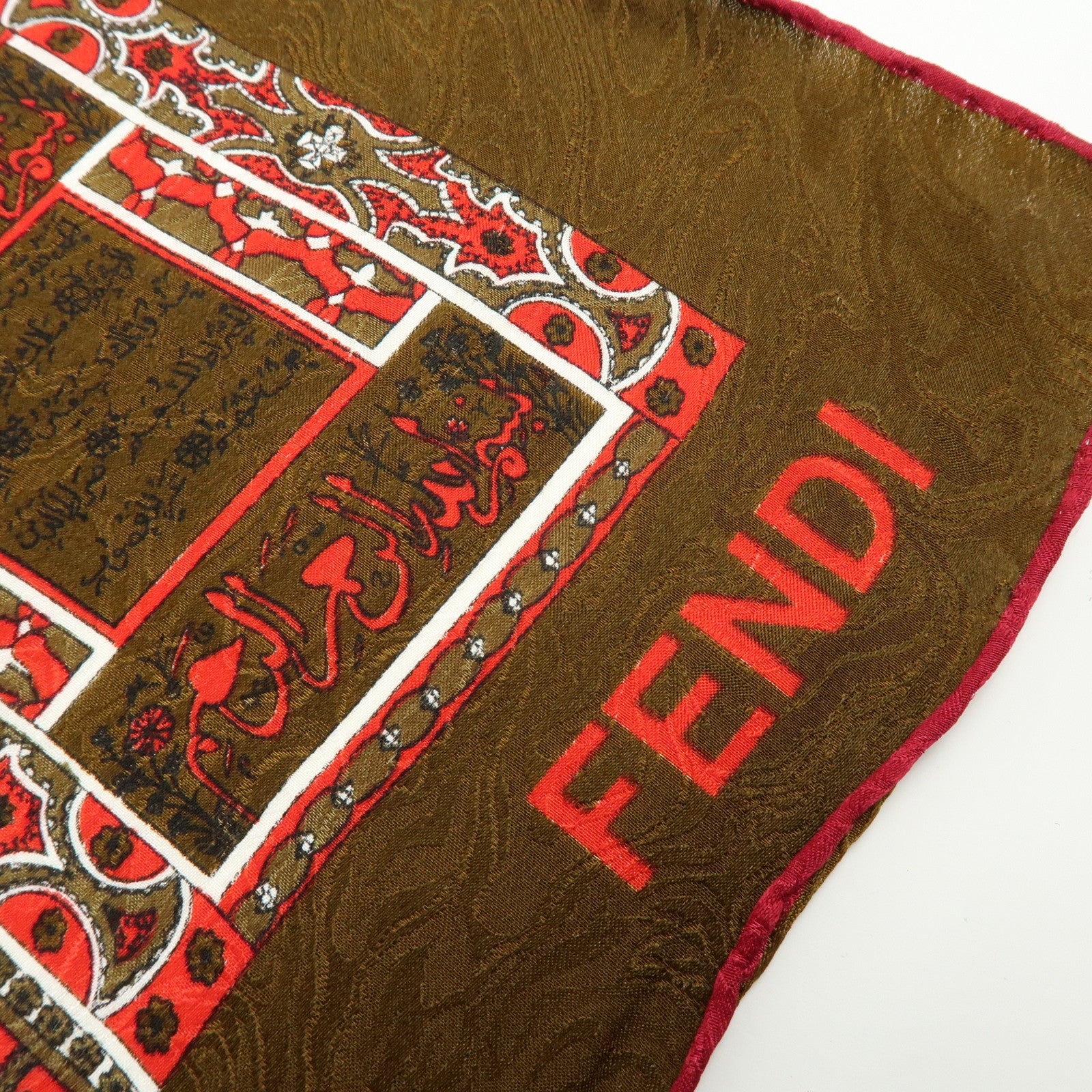 FENDI Silk 100% Scarf Oriental Motif Brown Multicolor