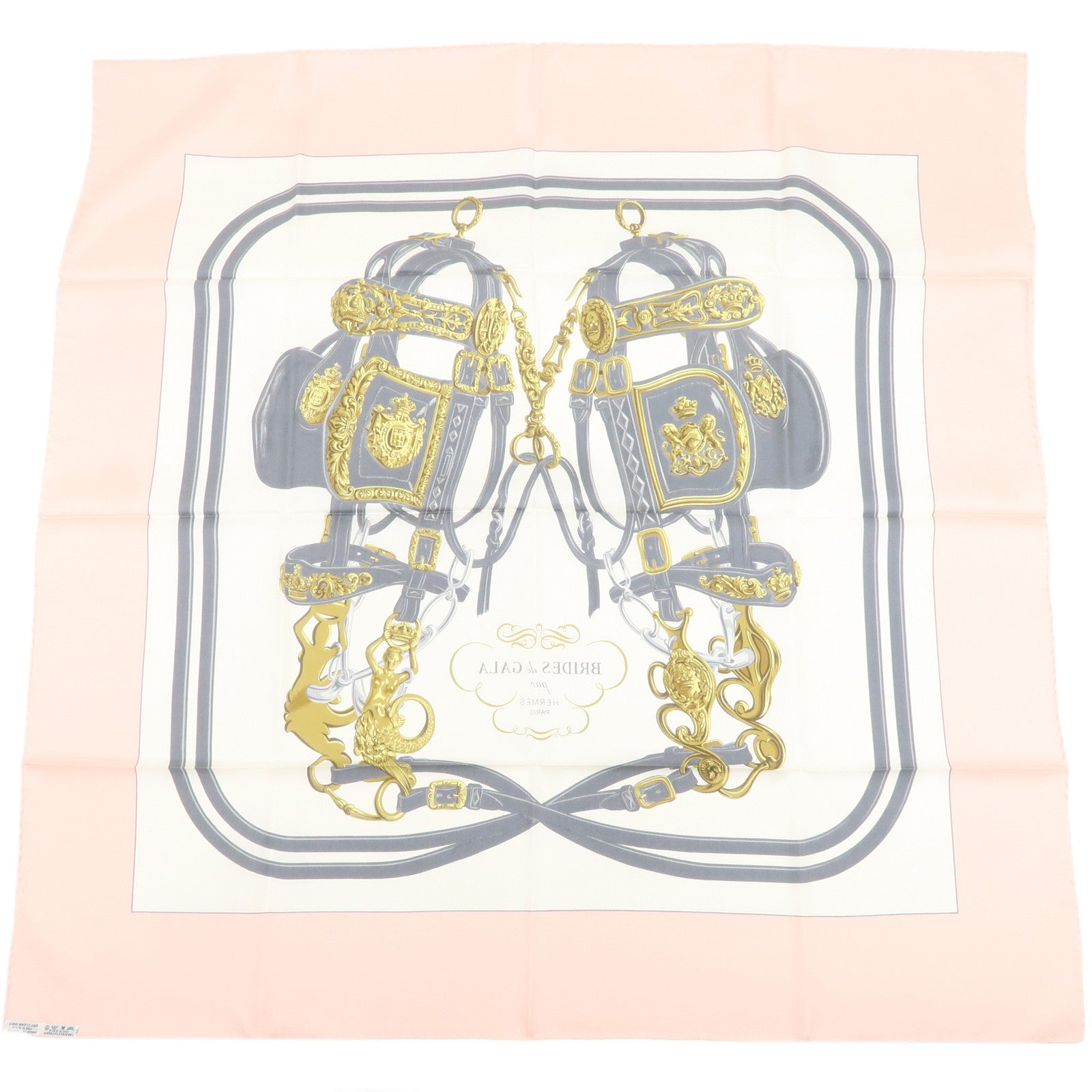 HERMES Carre 90 Silk 100% RIDES DE GALA Scarf Light Pink White