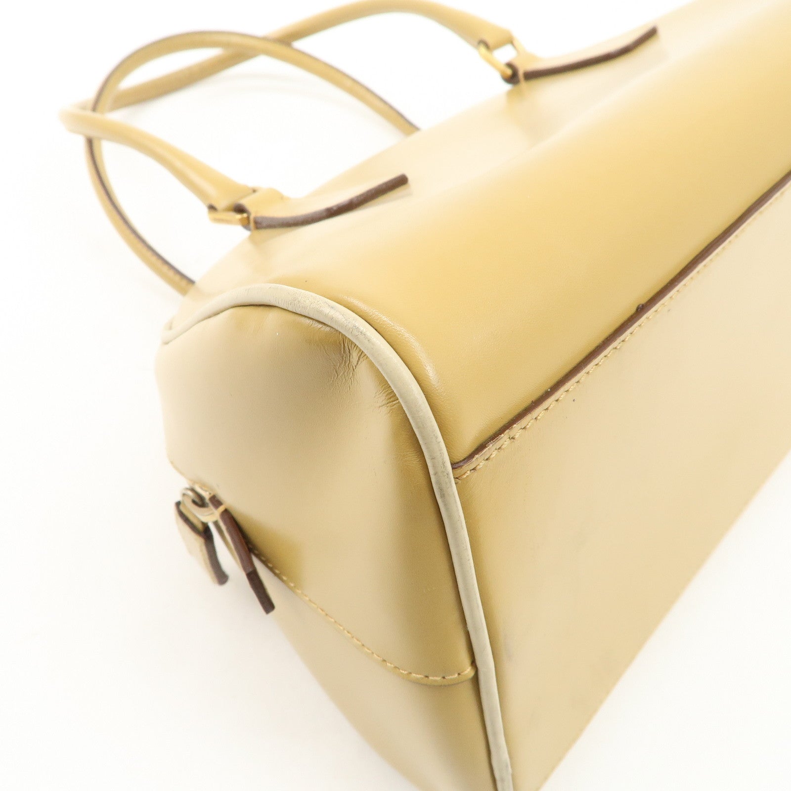 PRADA Leather Bowling Bag Boston Bag Hand Bag Gold HDW Beige