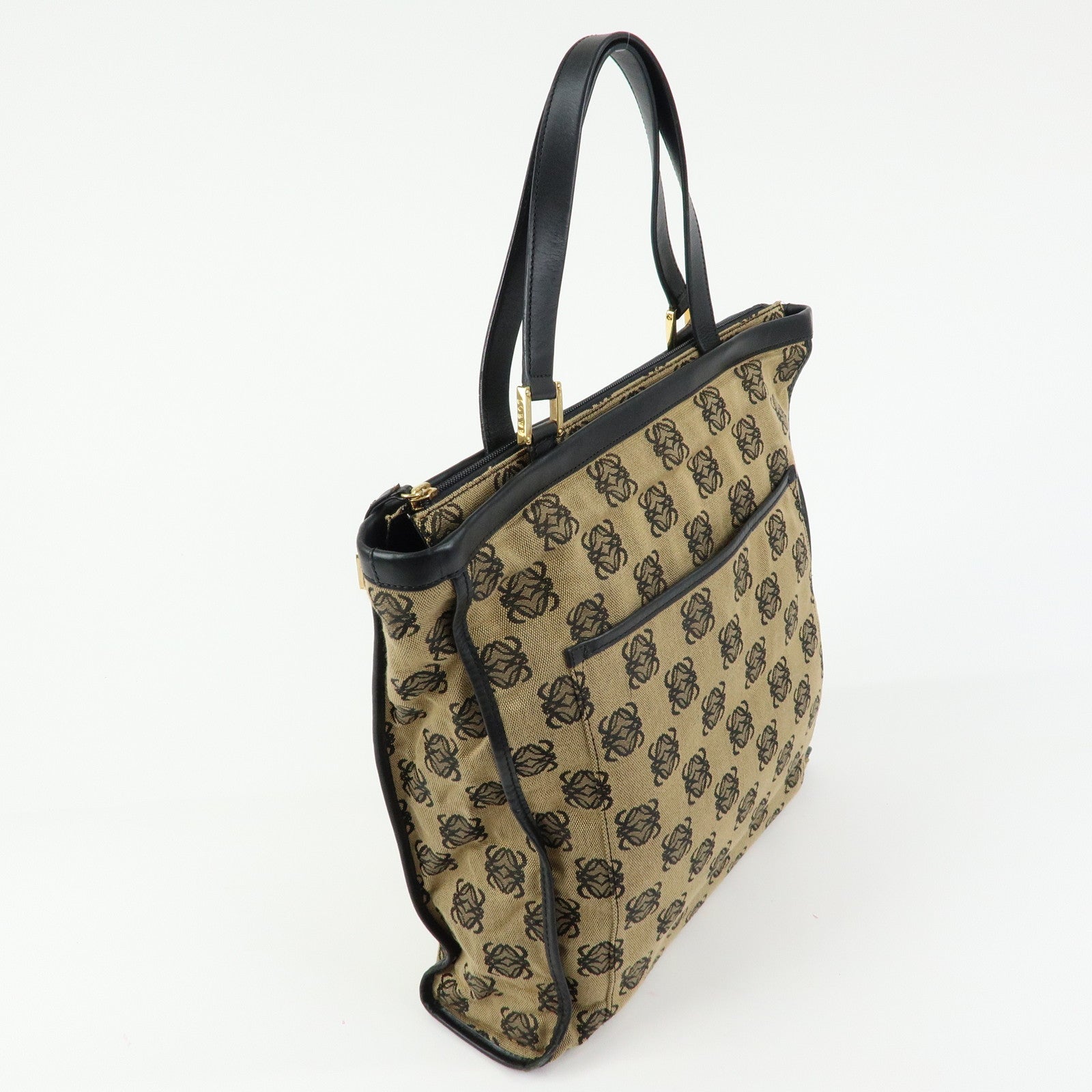 LOEWE Anagram Jacquard Canvas Leather Tote Bag Beige Black
