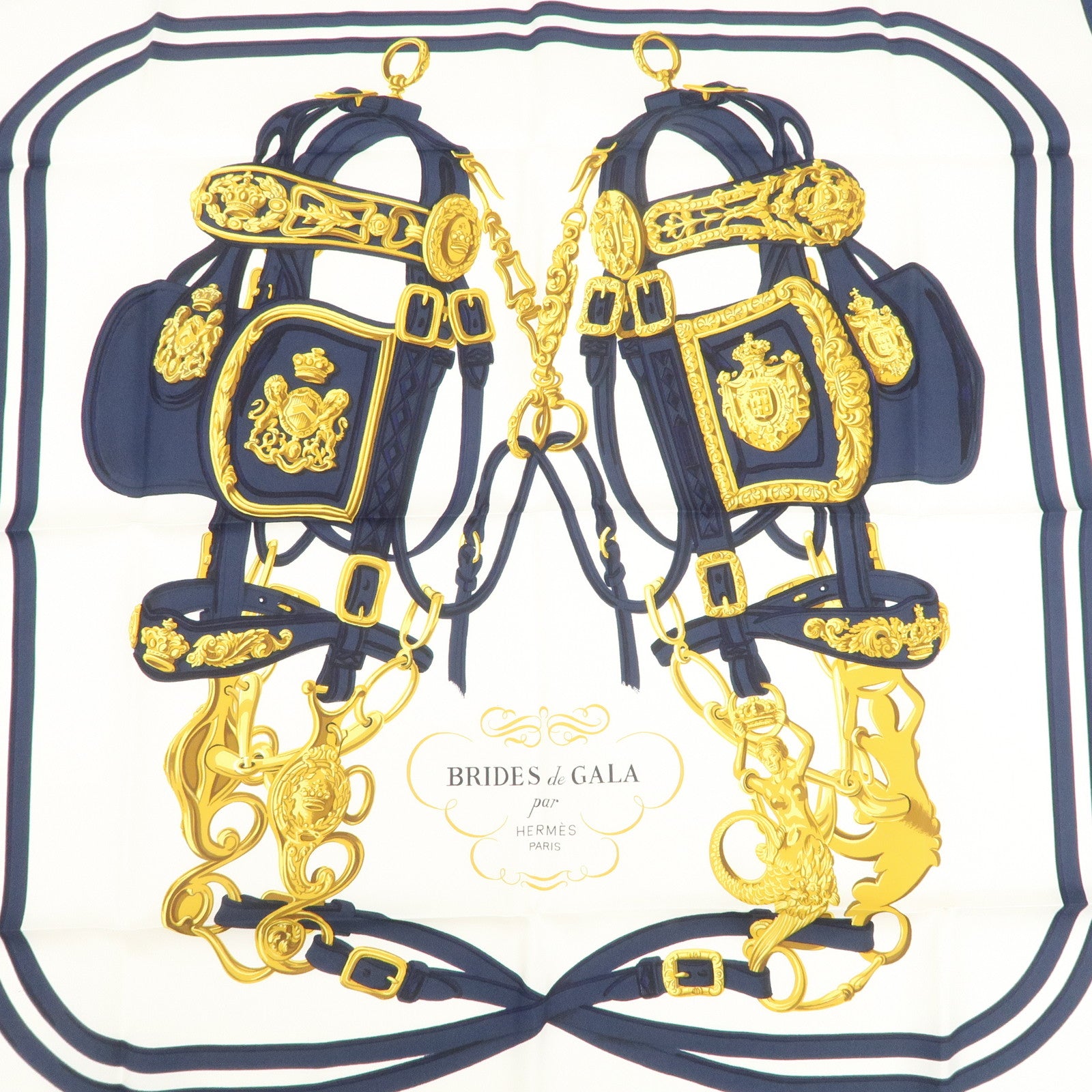 HERMES Carre 90 Silk 100% Scarf BRIDES DE GALA Navy White