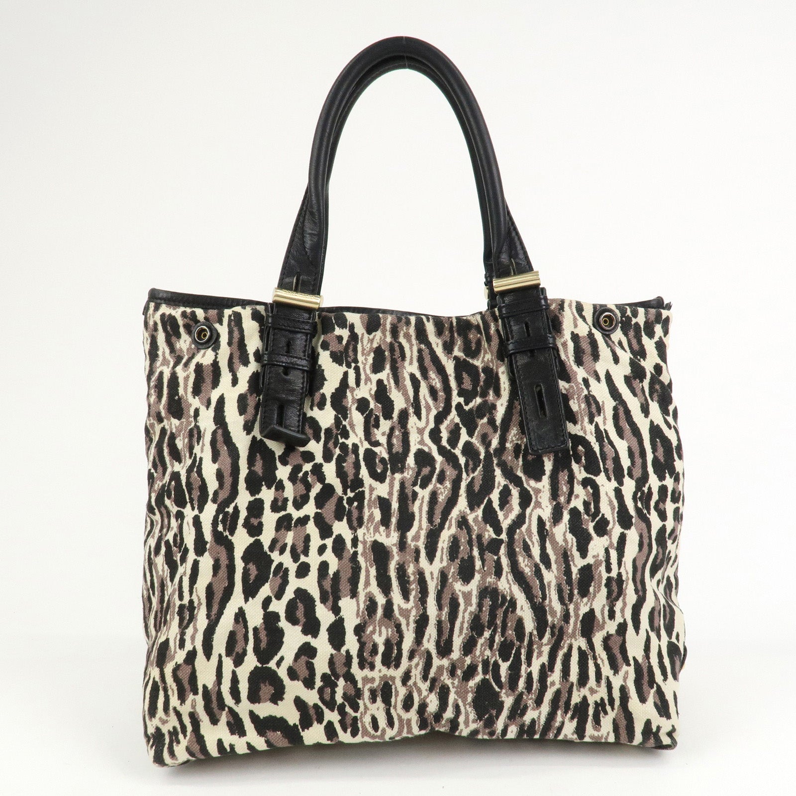 JIMMY CHOO Leopard Canvas Leather Tote Bag Shoulder Bag Ivory Black