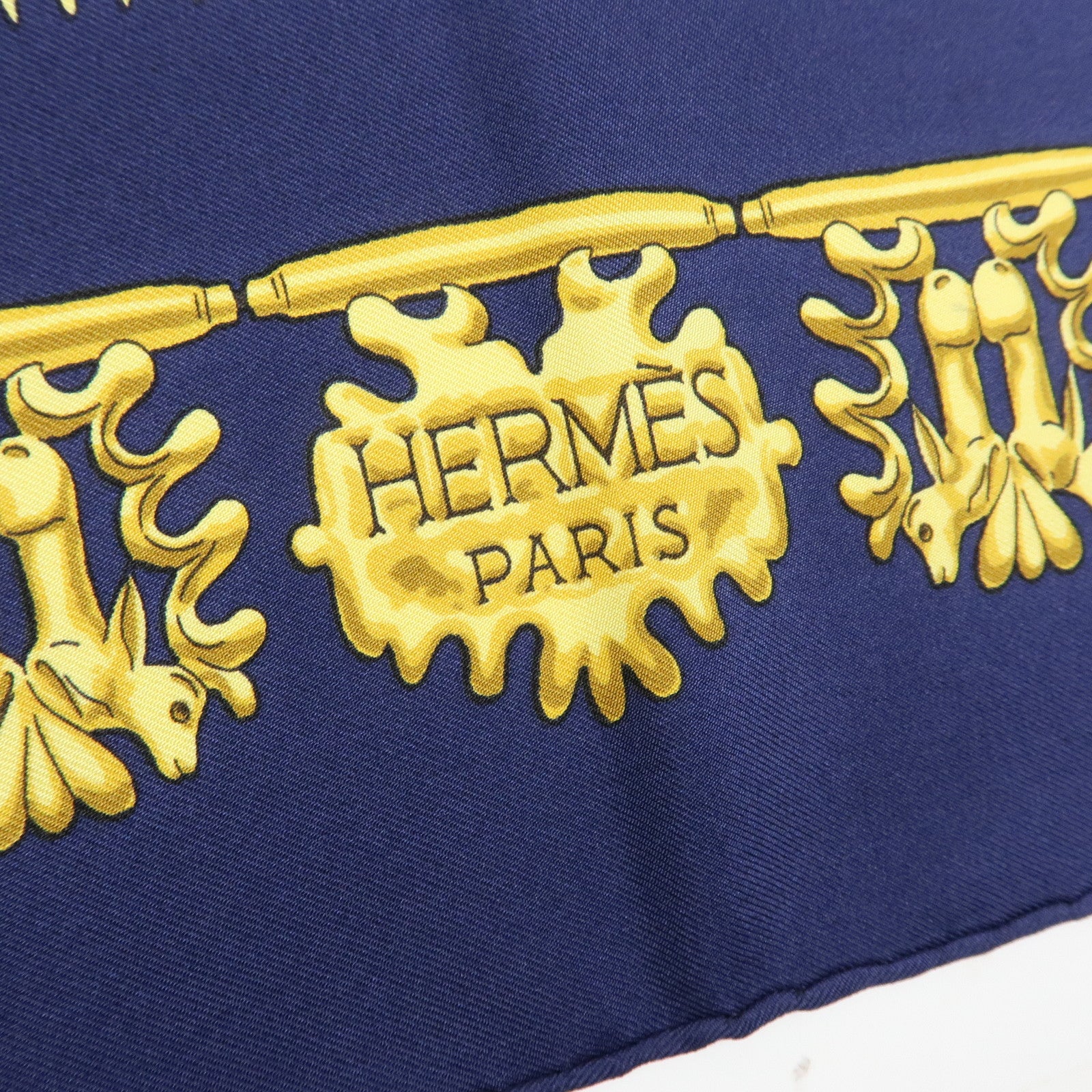 HERMES Carre 90 Silk 100% Scarf LES CAVALIERS D'OR Navy Yellow