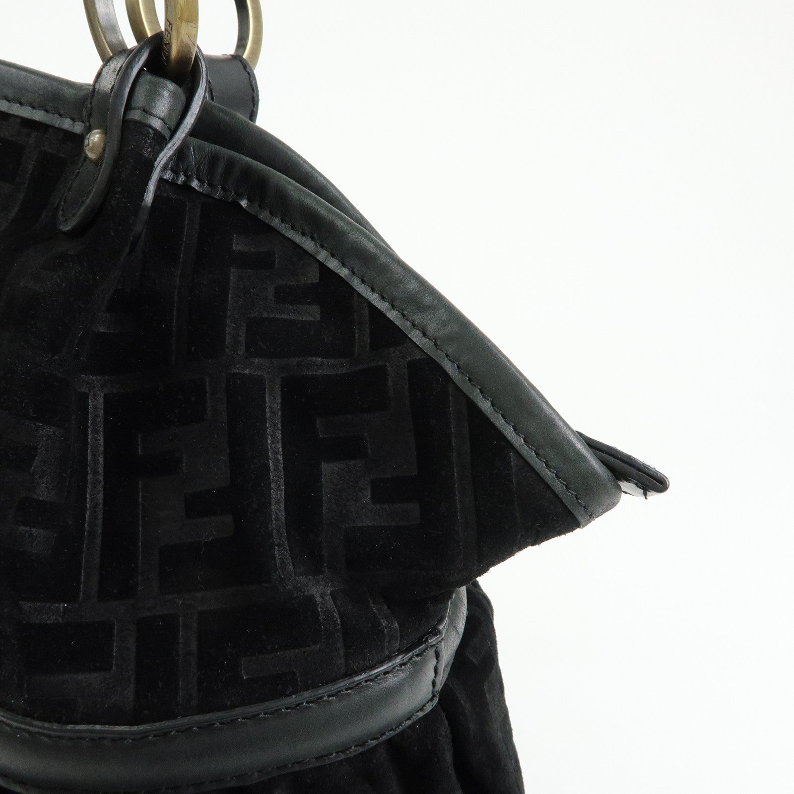 FENDI Zucca Suede Leather Gathered Shoulder Bag Black 8BH186