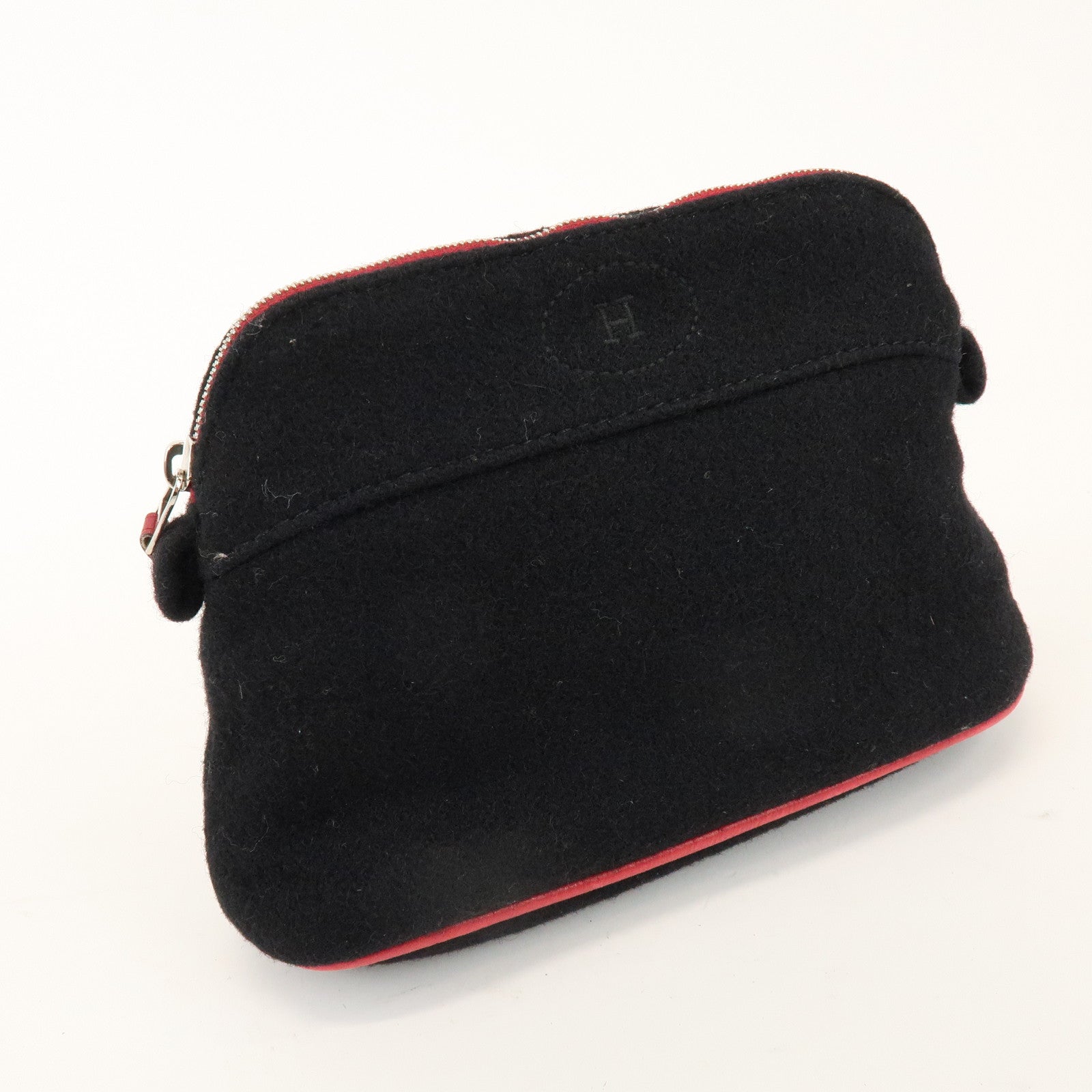 HERMES Bolide Pouch MM Wool Leather Cosmetic Pouch Black Red