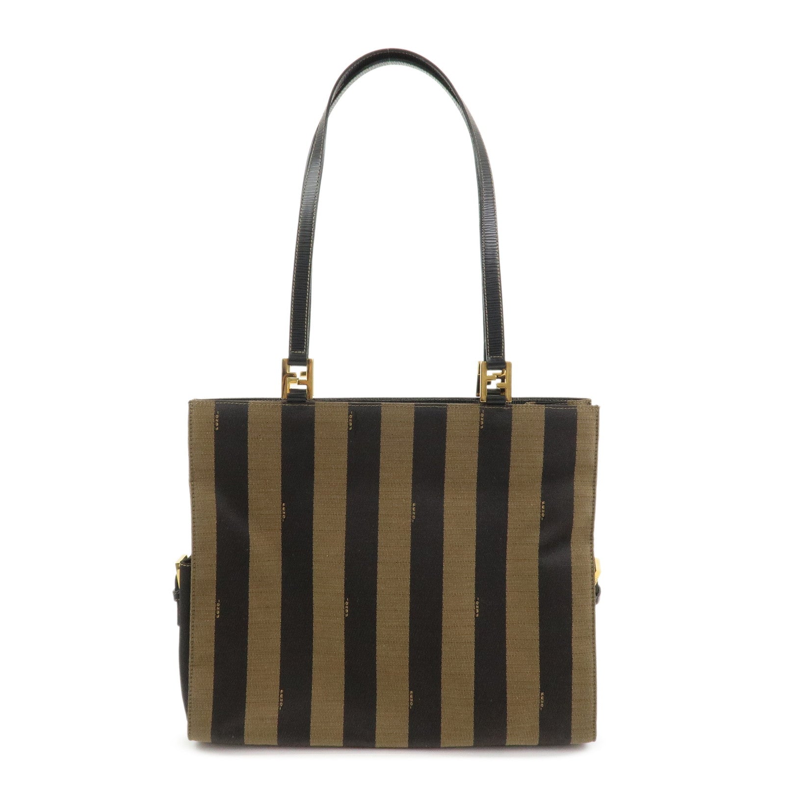FENDI Pequin Canvas Leather Tote Bag Shoulder Bag Black Brown 26397