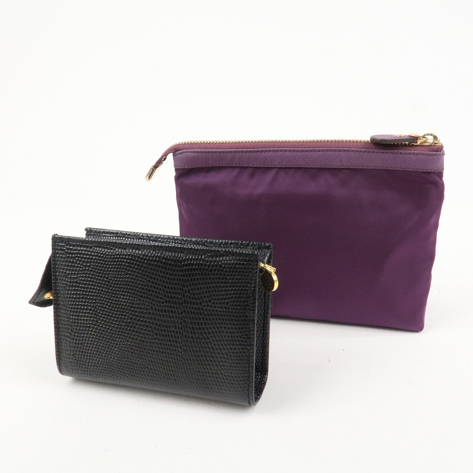Ferragamo Set Of 2 Leather Nylon Pouch Black Purple Gold