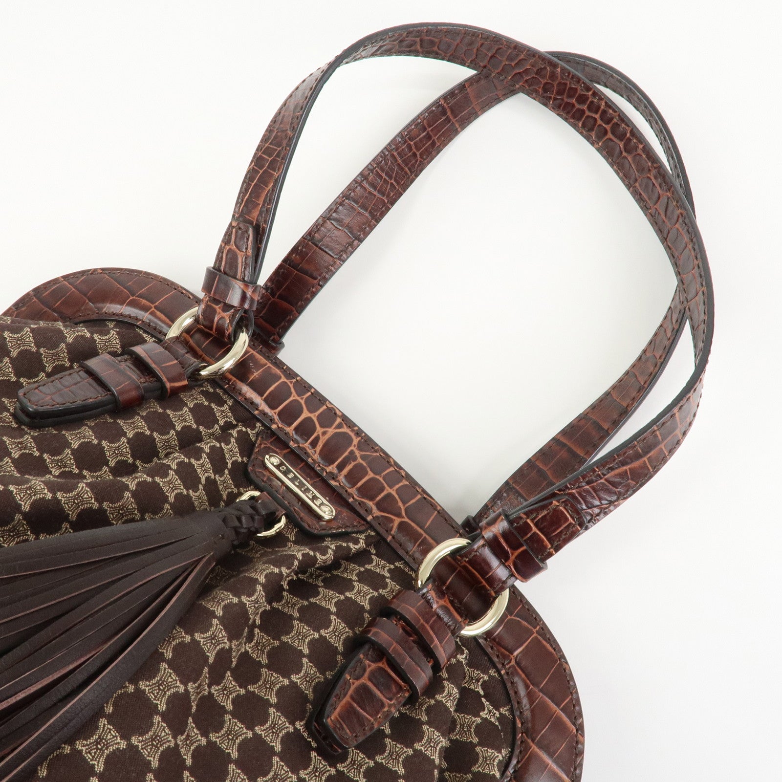 CELINE Macadam Canvas Embossed Leather Shoulder Bag Hand Bag Brown