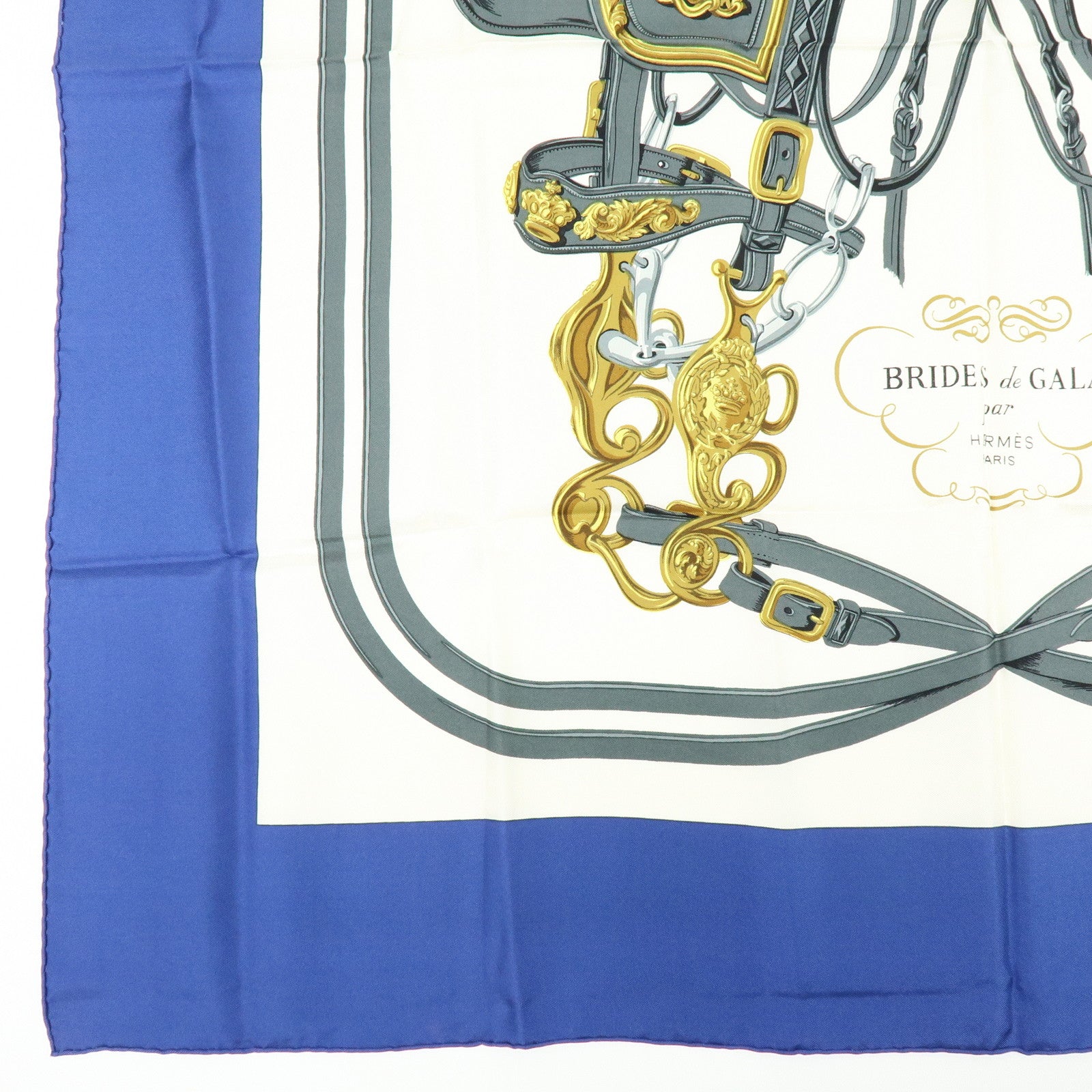 HERMES Carre 90 Silk 100% Scarf BRIDES DE GALA Navy Gray Gold