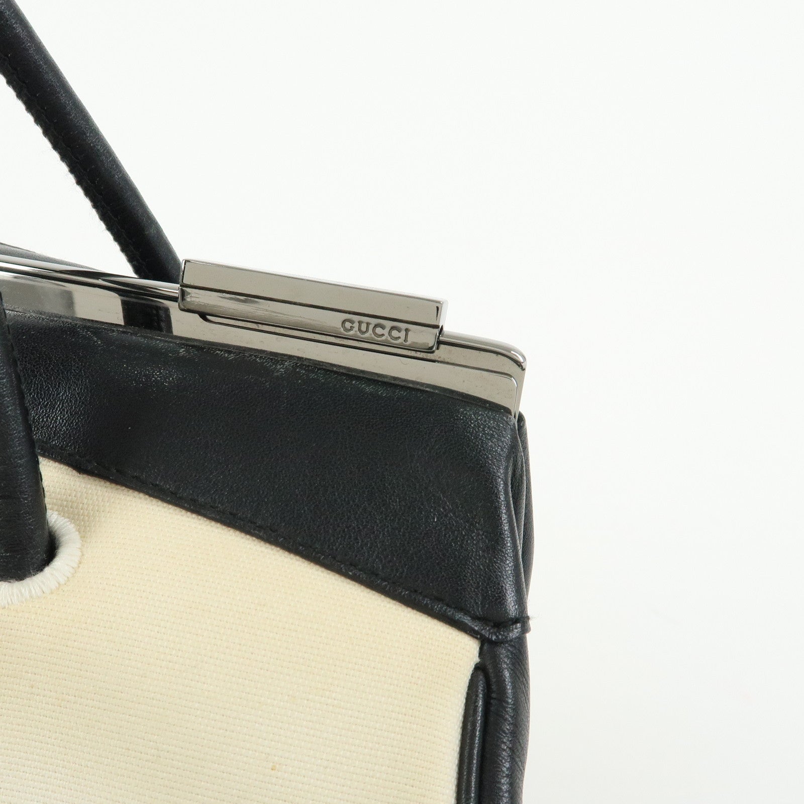 GUCCI Canvas Leather Hand Bag Ivory Black 92726