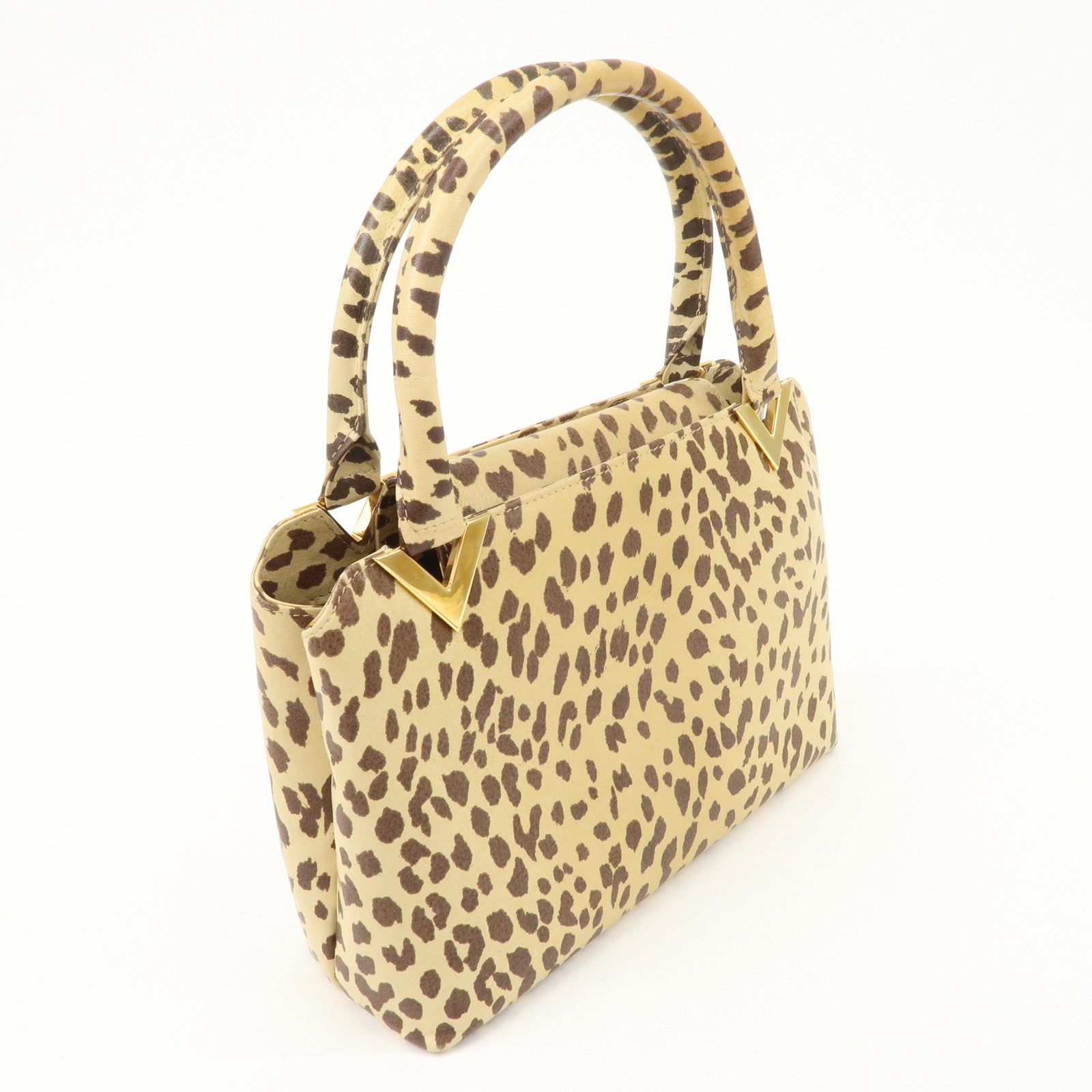 VALENTINO Leather Hand Bag Animal Leopard Beige Brown