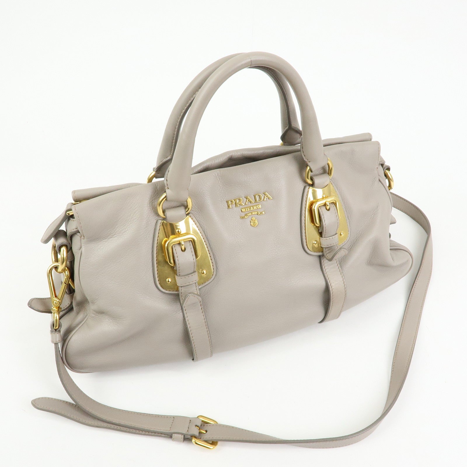 PRADA Logo Leather 2Way Bag Hand Bag Shoulder Bag Greige