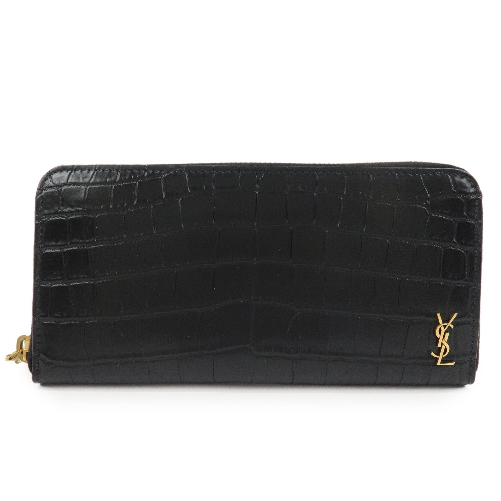 SAINT LAURENT Logo Emboss Leather Zippy Long Wallet Black