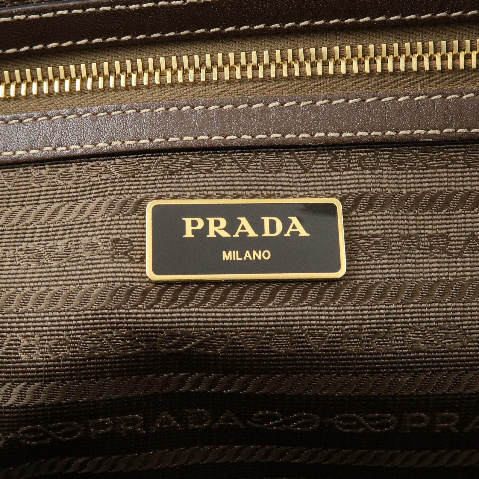 PRADA Triangle Logo Jacquard Leather Tote Shoulder Bag Beige Brown