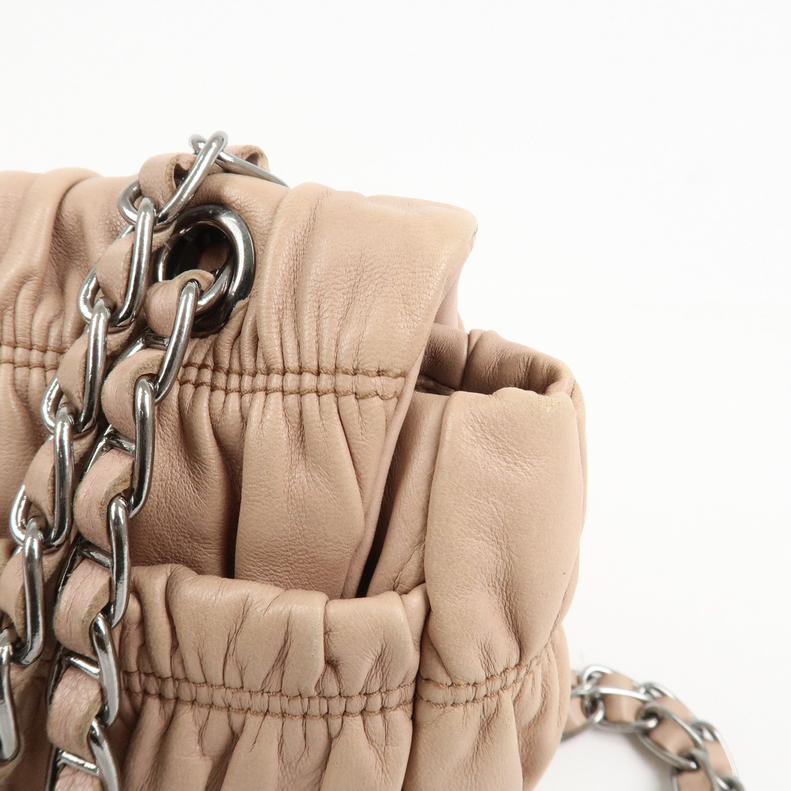 PRADA Leather Gathered Chain Shoulder Bag Pink Beige B4695C