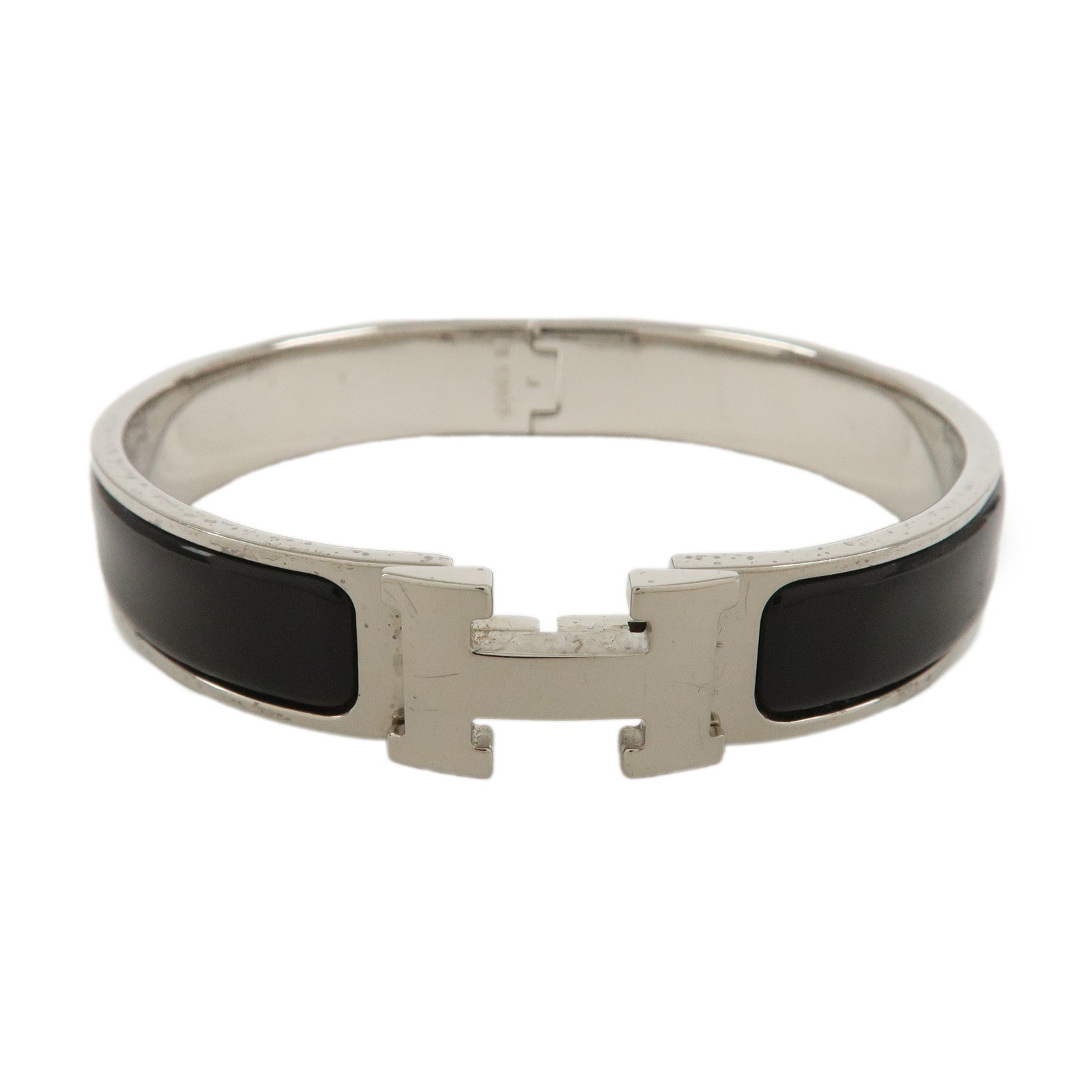 HERMES Clic Clac PM Metal Bracelet Bangle Silver Dark Brown
