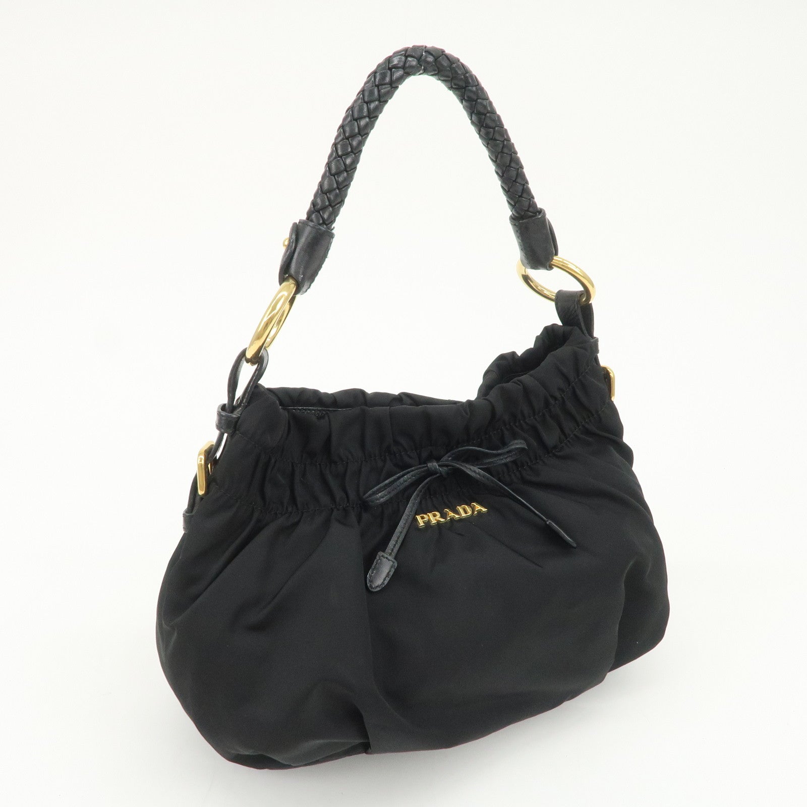 PRADA Nylon Leather Gathered Ribbon Shoulder Bag Hand Bag BR4237