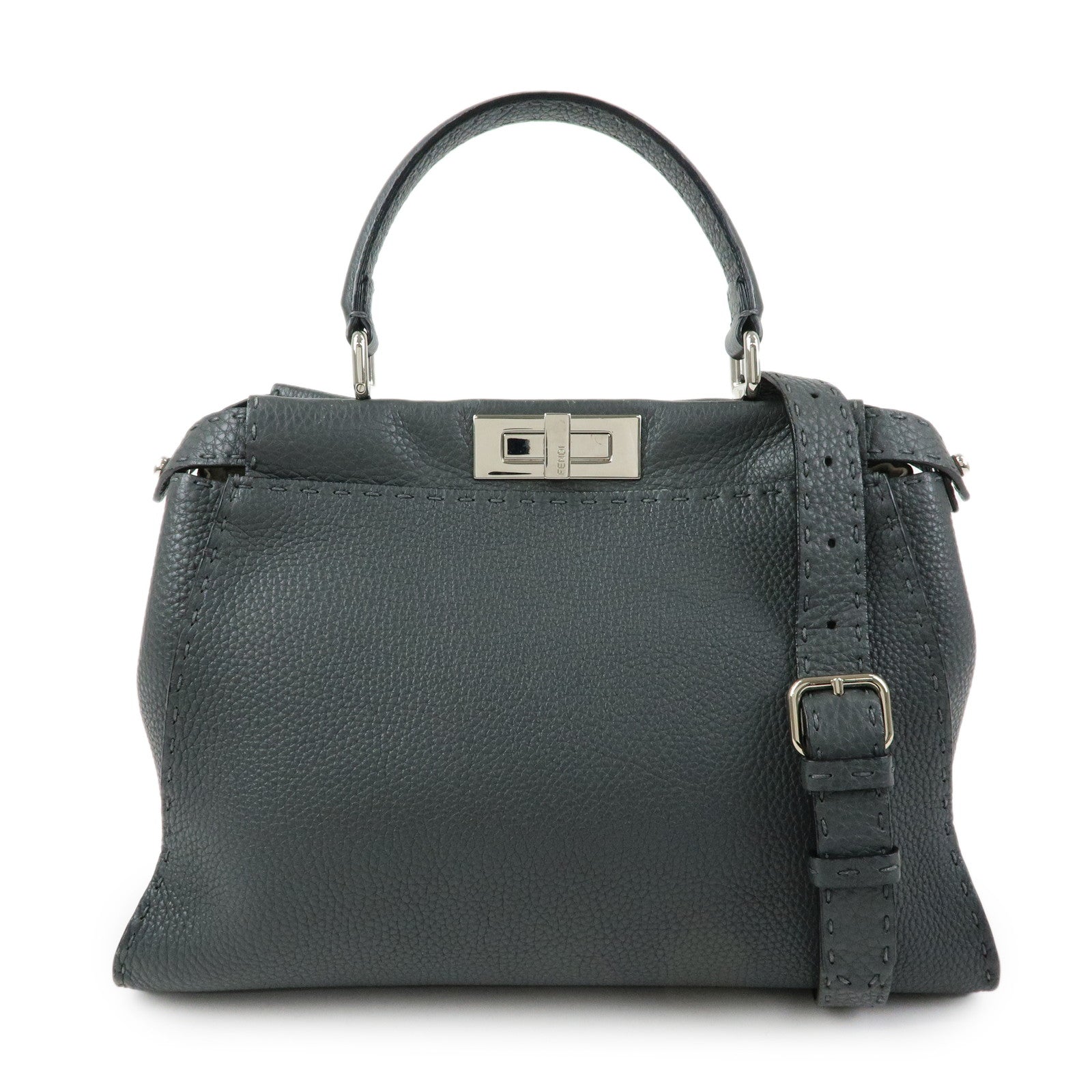 FENDI Selleria Peekaboo Leather 2Way Bag Hand Bag Gray 8BN290