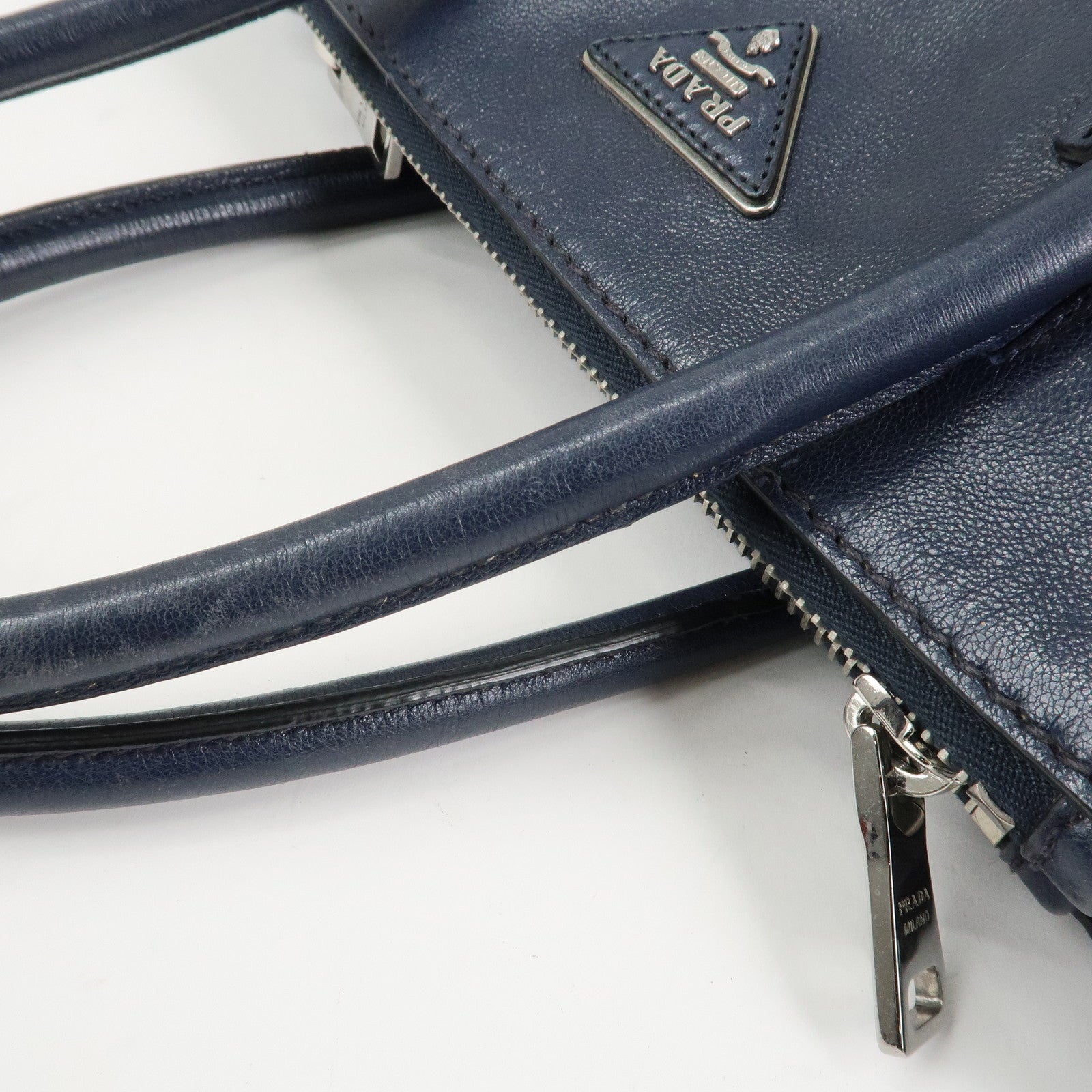 PRADA Triangle Logo Leather 2Way Bag Tote Bag Hand Bag Navy B2625M