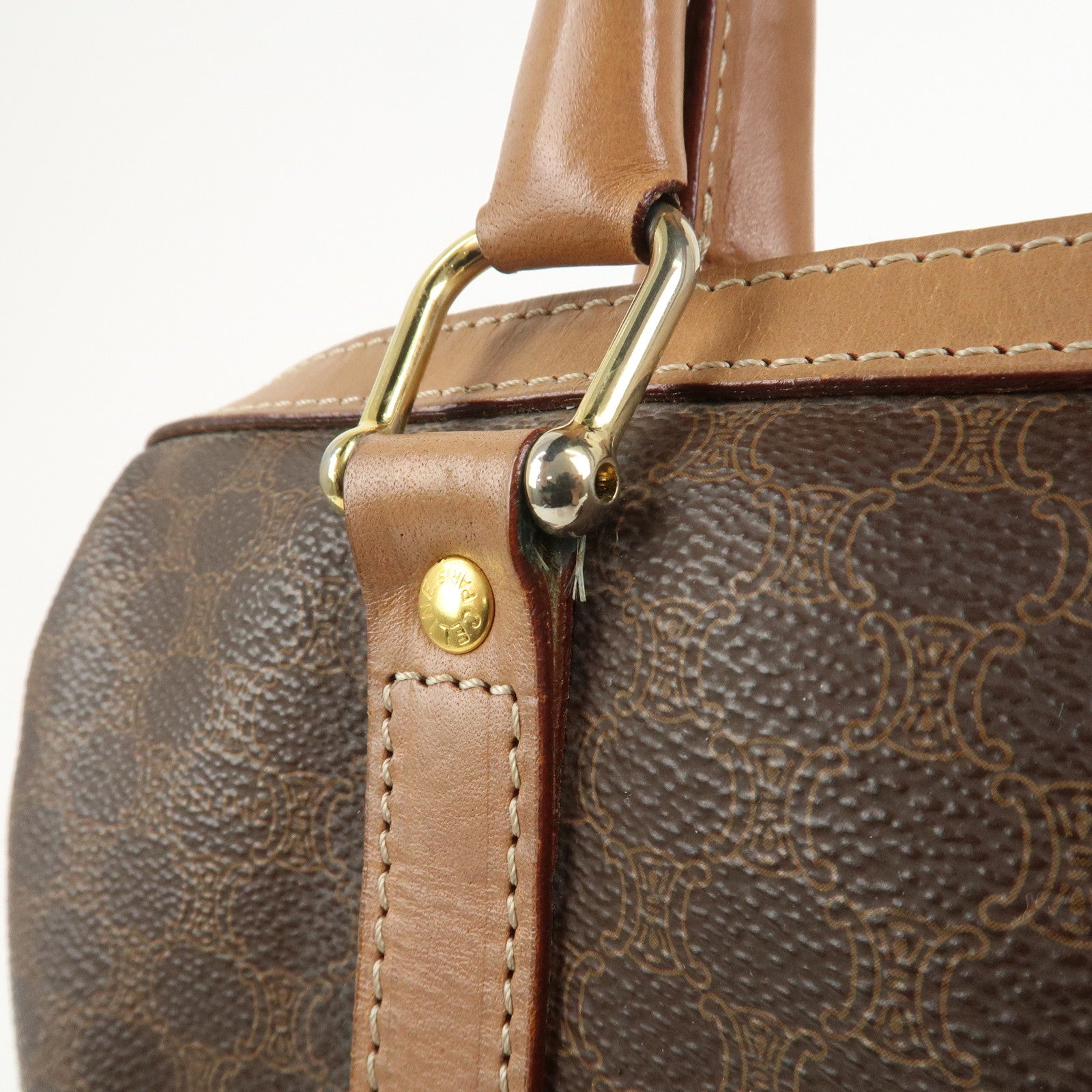 CELINE Macadam Logo PVC Leather Boston Bag Hand Bag Brown