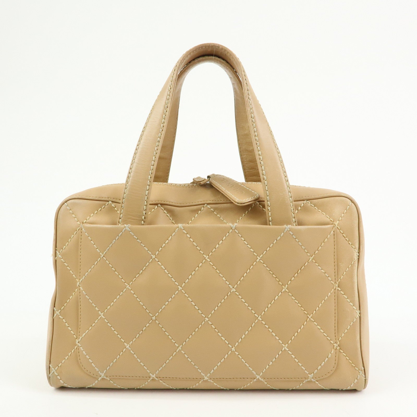 CHANEL Wild Stitch Calf Leather Boston Bag Hand Bag Beige