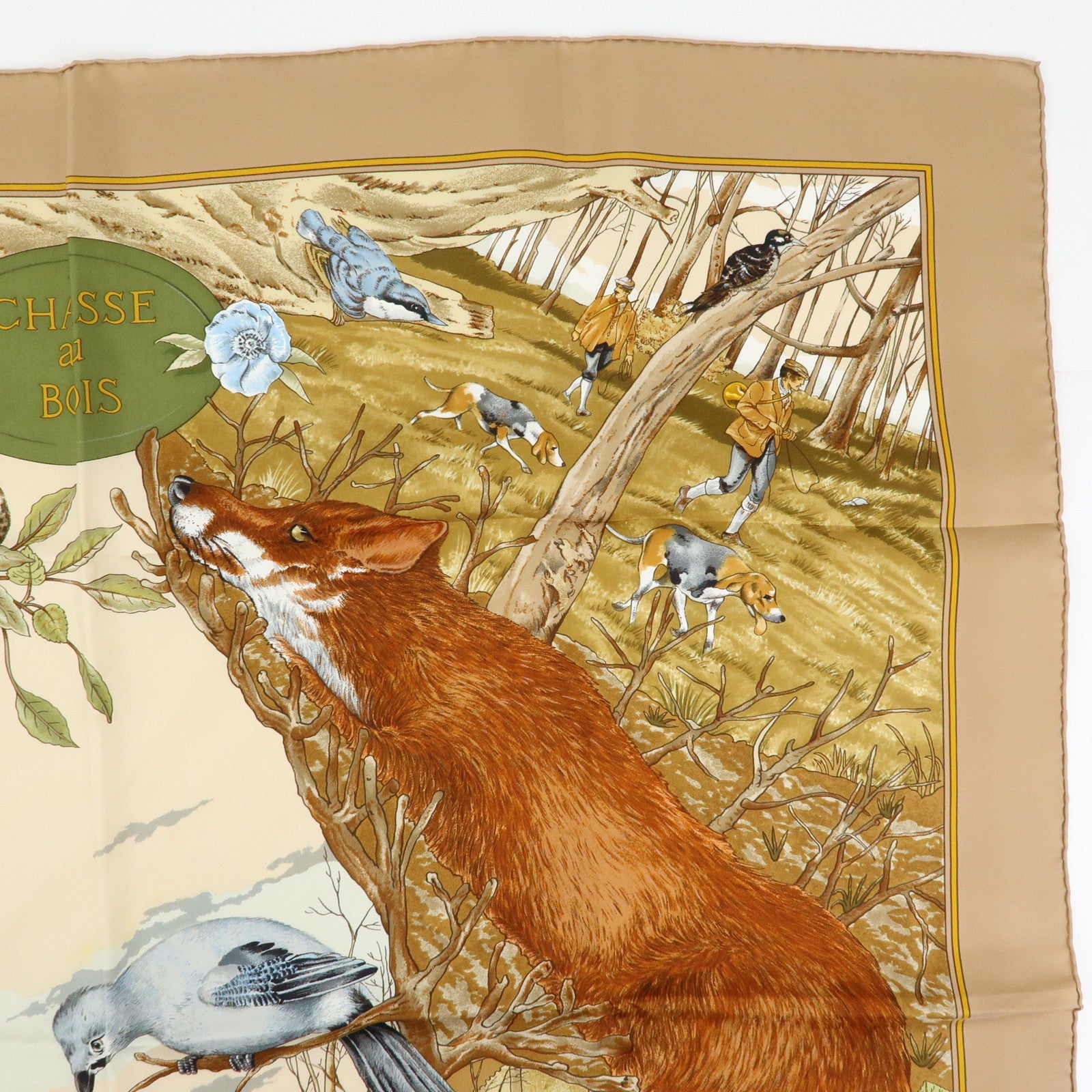 HERMES Carre 90 Silk 100% Scarf CHASSE au BOIS Brown