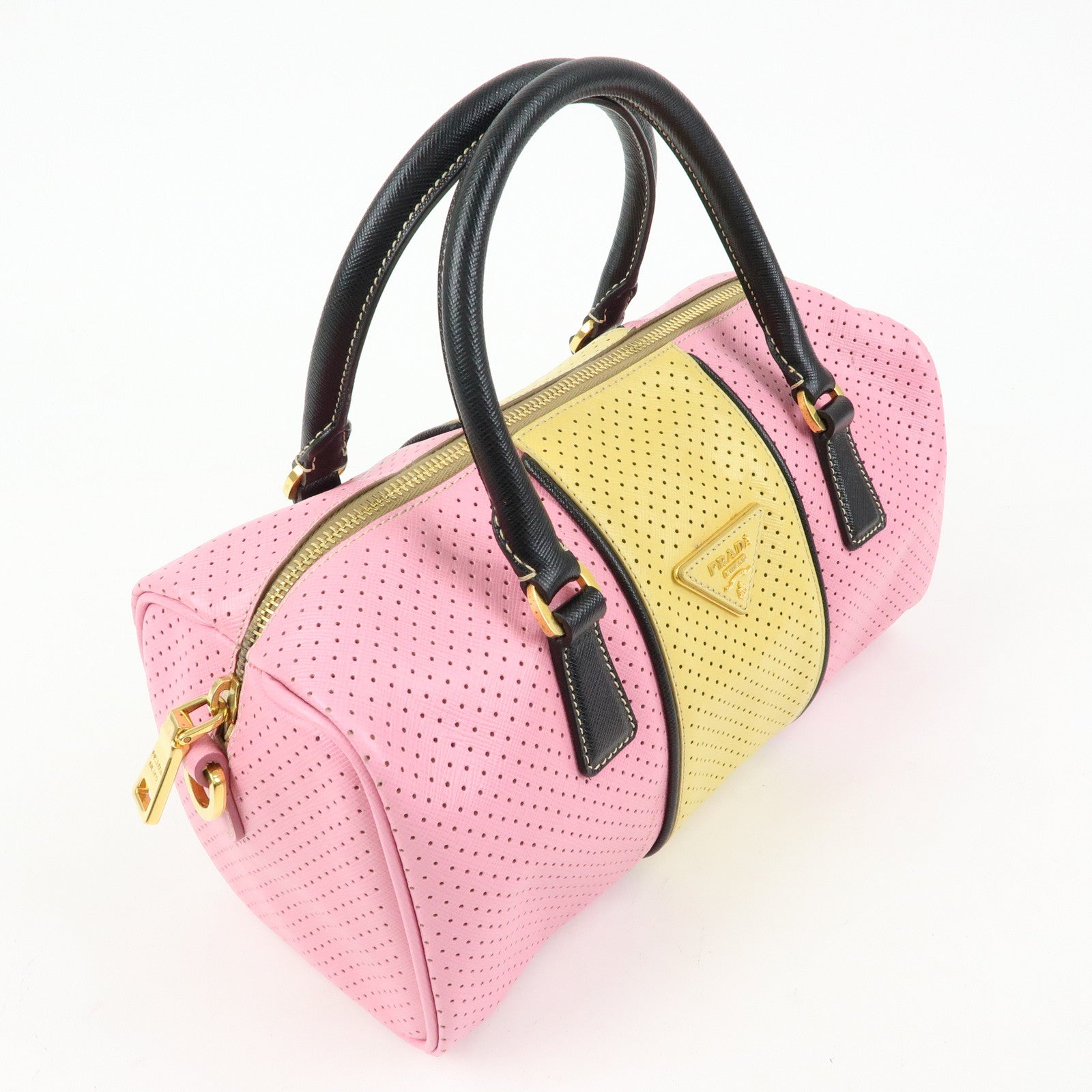 PRADA Triangle Logo Saffiano Punching Leather 2 Way Hand Bag BL0655