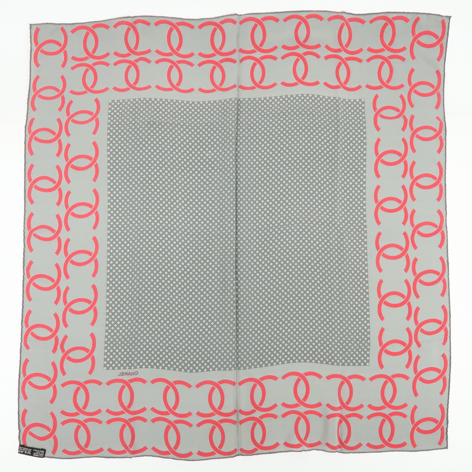 CHANEL COCO Mark Silk 100% Scarf Shawl Geometric Pattern Gray Red
