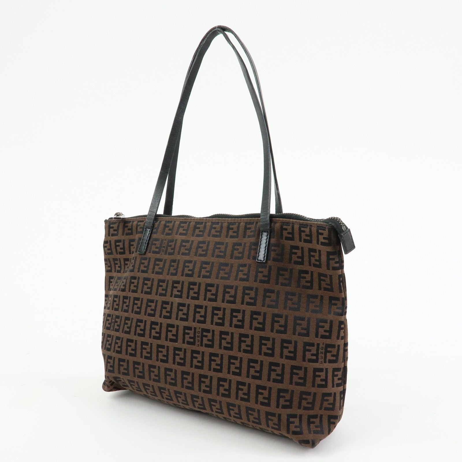 FENDI Zucchino Canvas Leather Tote Shoulder Bag Brown Black 8BH023