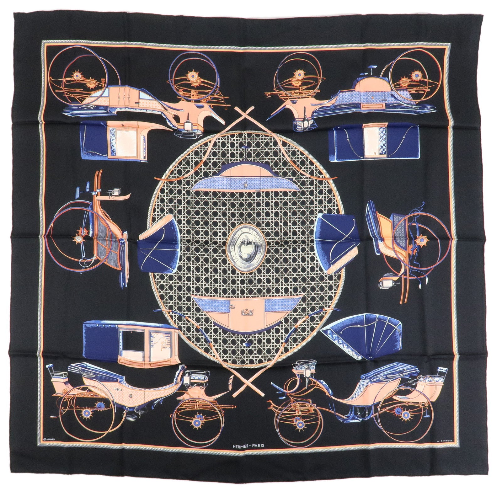 HERMES Carre 90 Silk 100% Scarf CAVALIERS FEULS Knight Print Navy Used