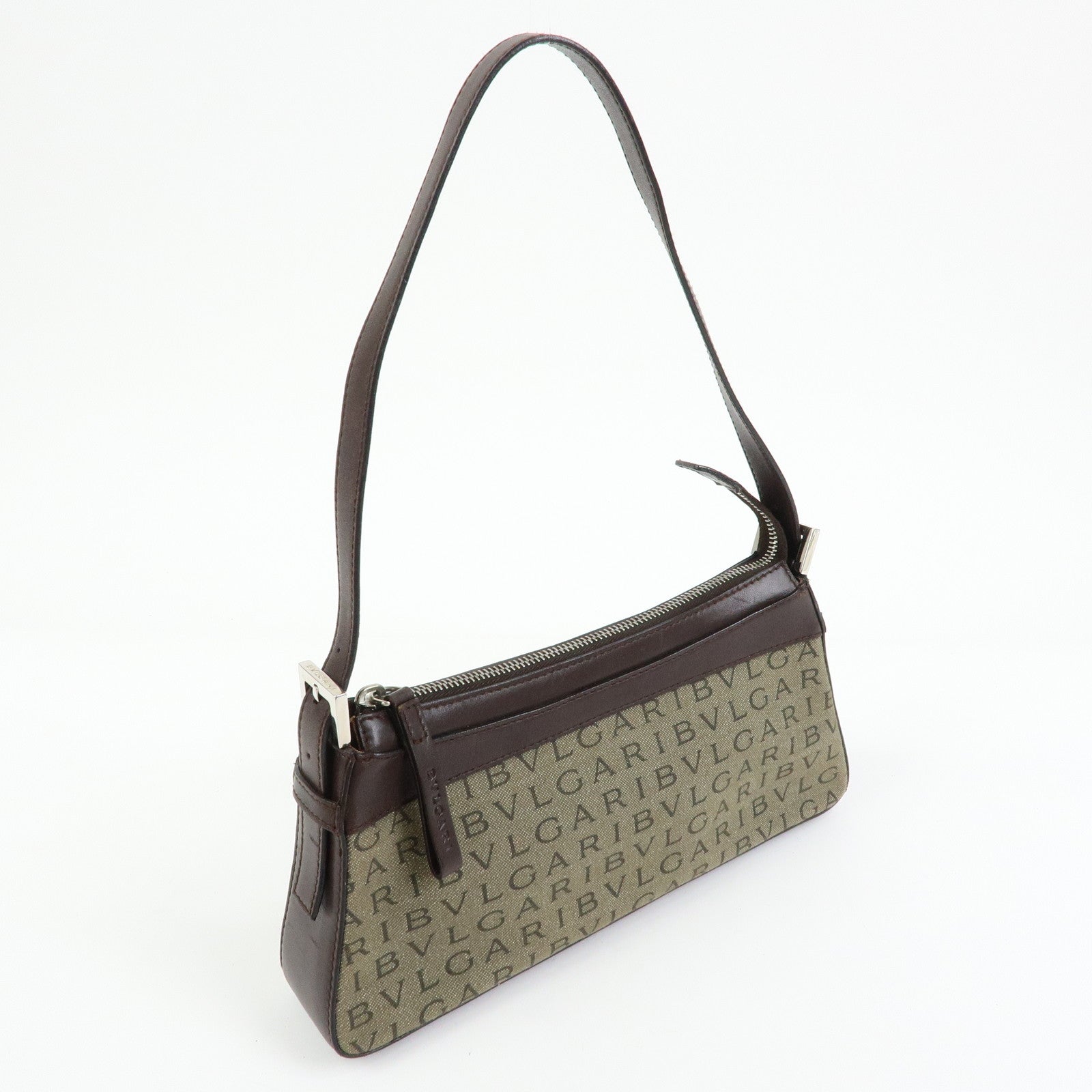 BVLGARI Logo Mania Canvas Leather Shoulder Bag Hand Bag Khaki