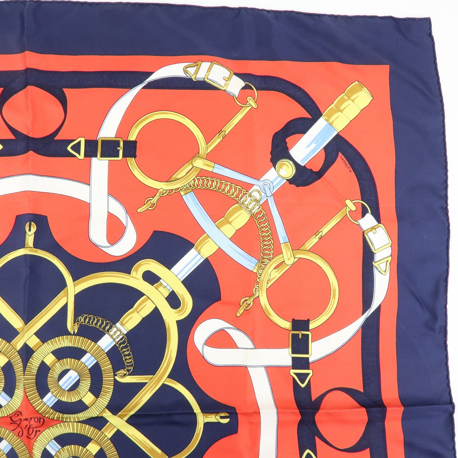 HERMES Carre 90 Silk 100% Scarf  Eperon d'or Navy White Yellow Red