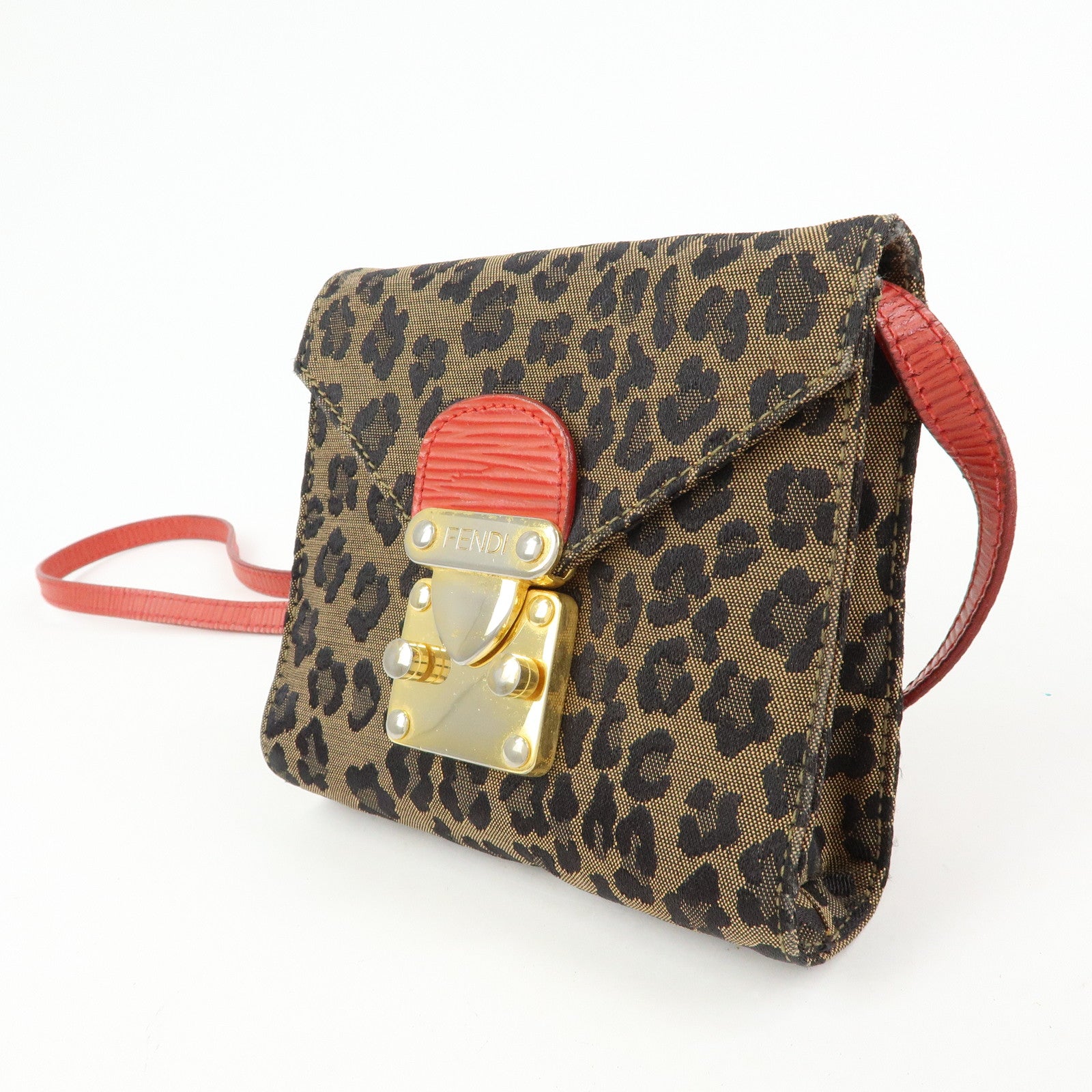 FENDI Leopard Canvas Leather 2Way Shoulder Bag Waist Bag Brown Red