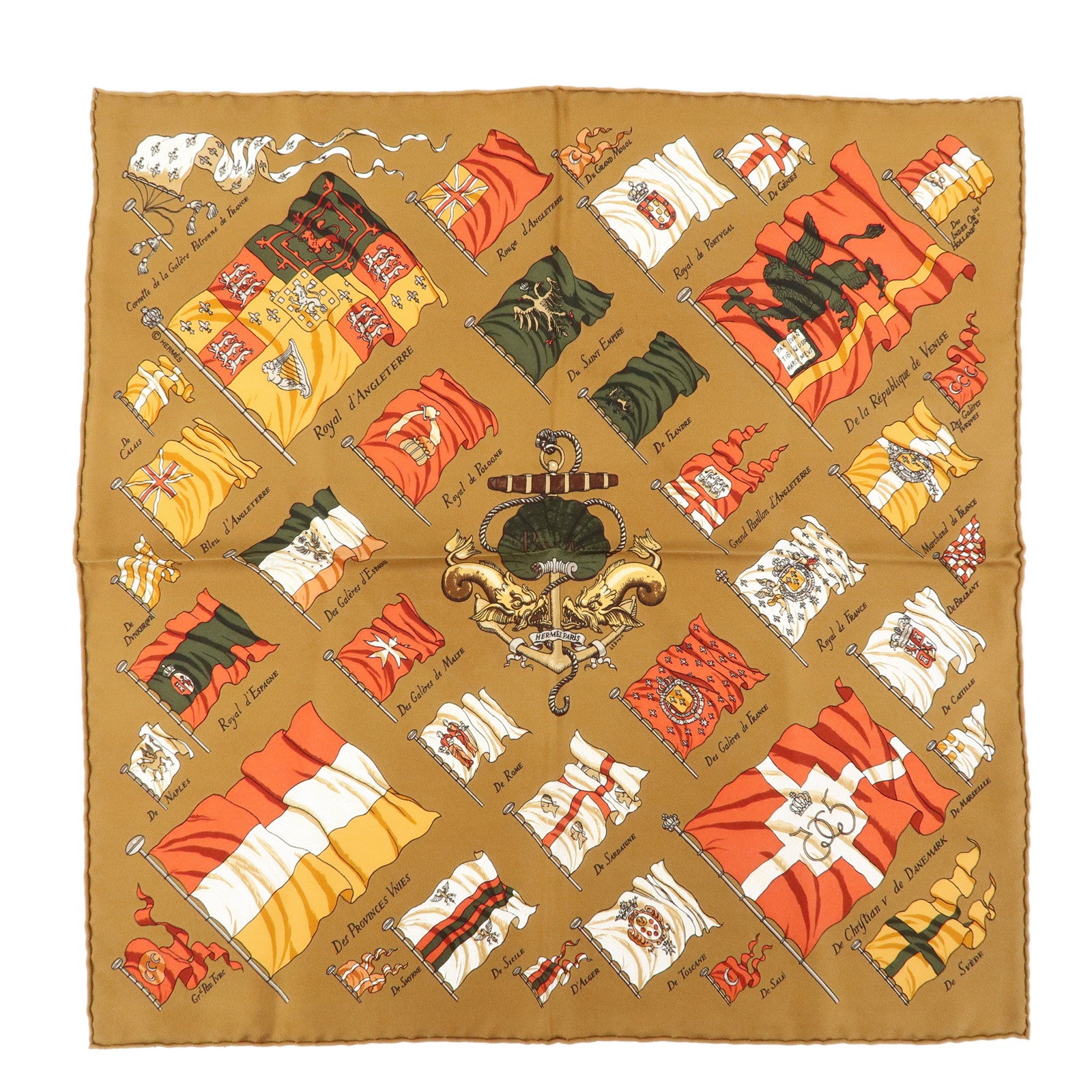 HERMES Carre 45 Silk 100% Scarf PAVOIS Brown Multicolor