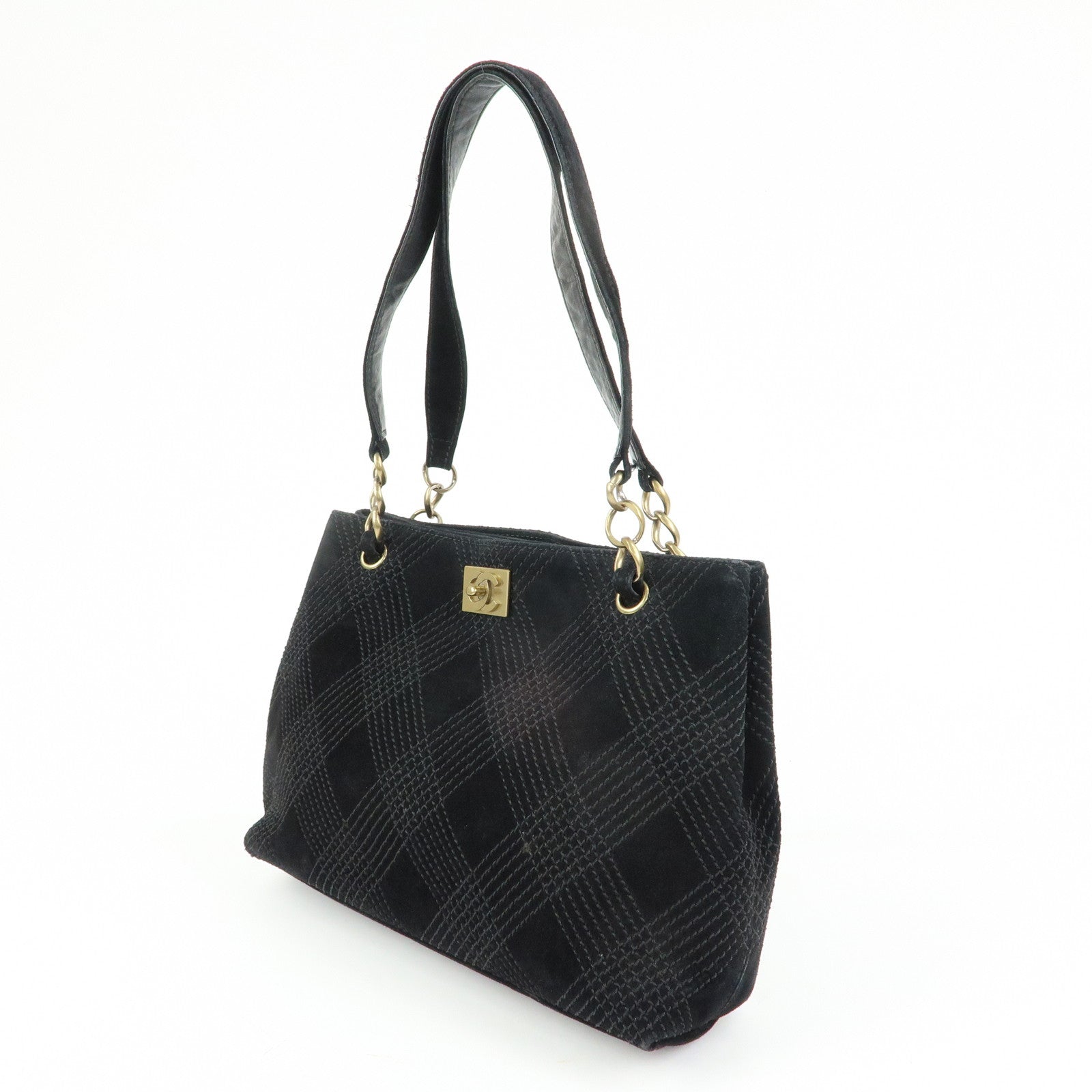 CHANEL COCO Mark Wild Stitch Suede Lamb Skin Tote Bag Black