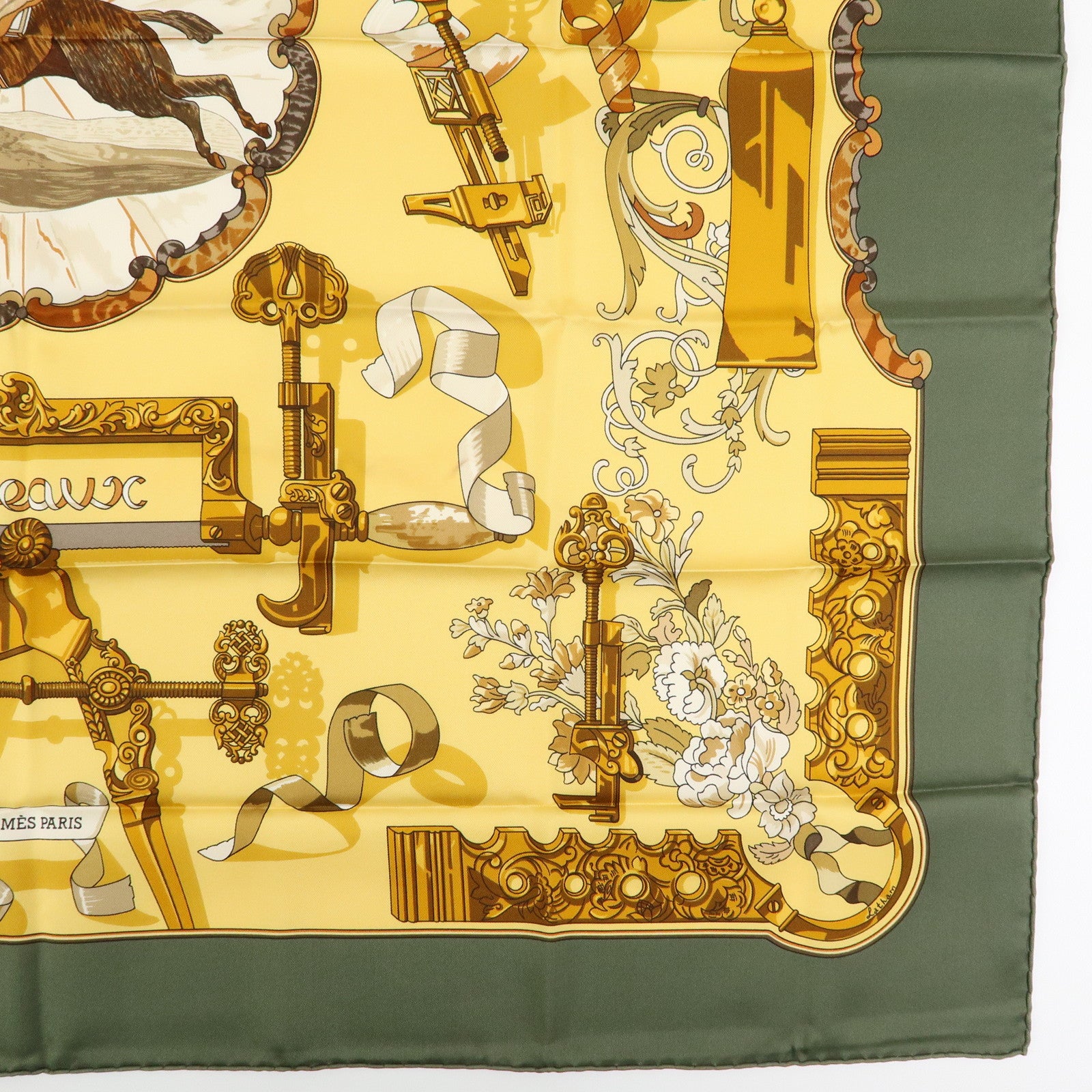 HERMES Carre 90 Silk 100% Scarf Copeaux Gold Yellow Moss Green