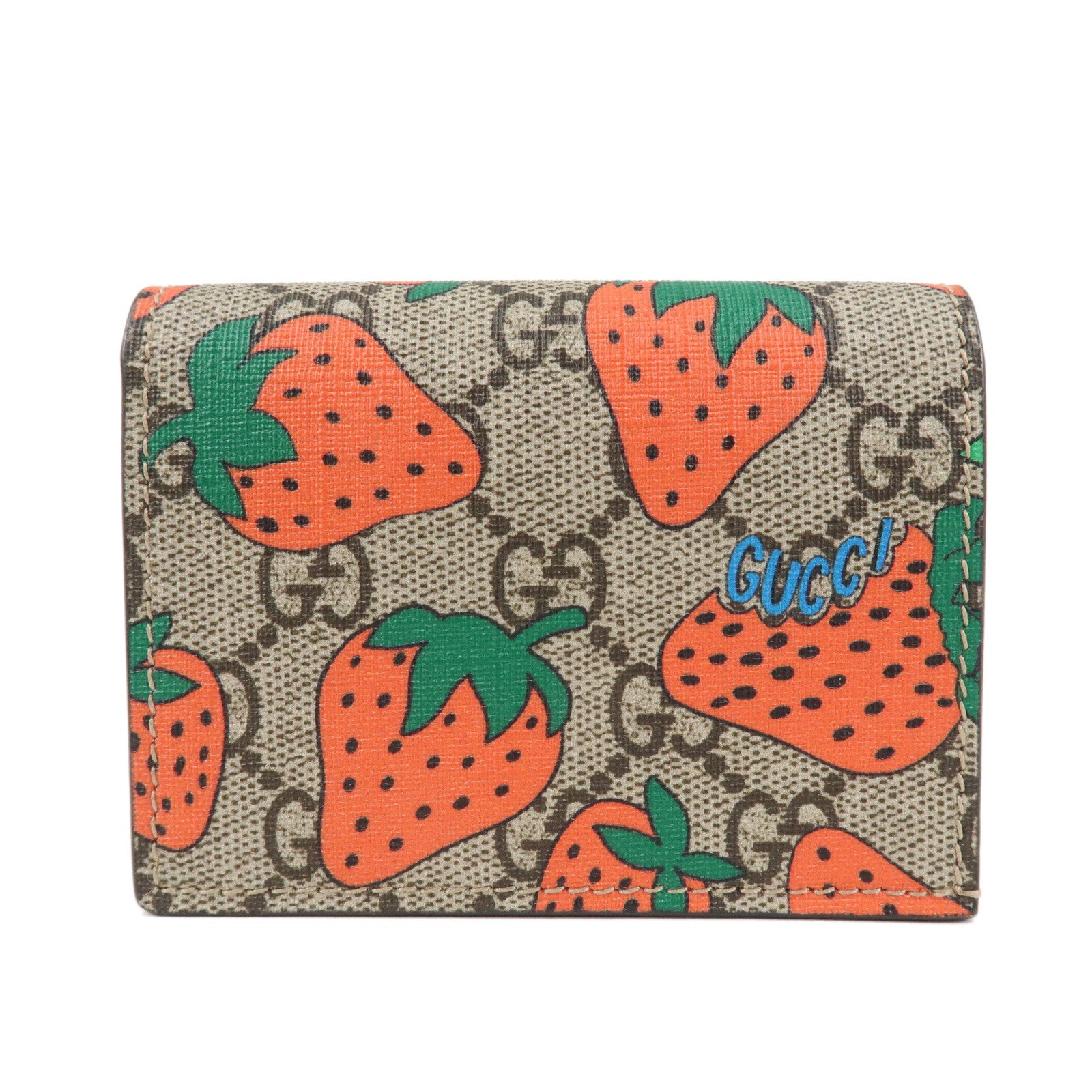 GUCCI GG Supreme Leather Strawberry Print Bi-fold Wallet 573839 Used