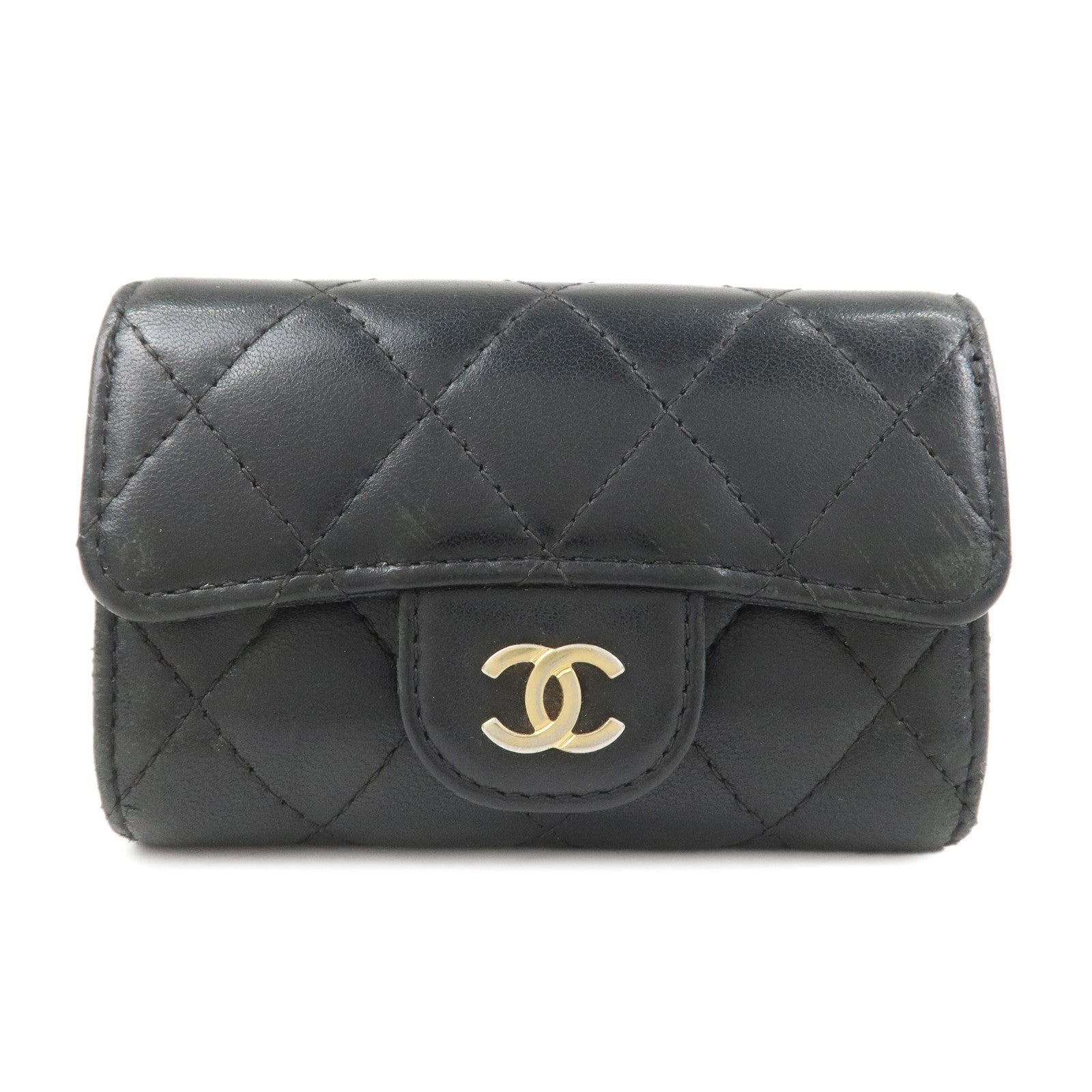 CHANEL COCO Mark Lamb Skin 4 Rings Key Case Black Gold AP0222