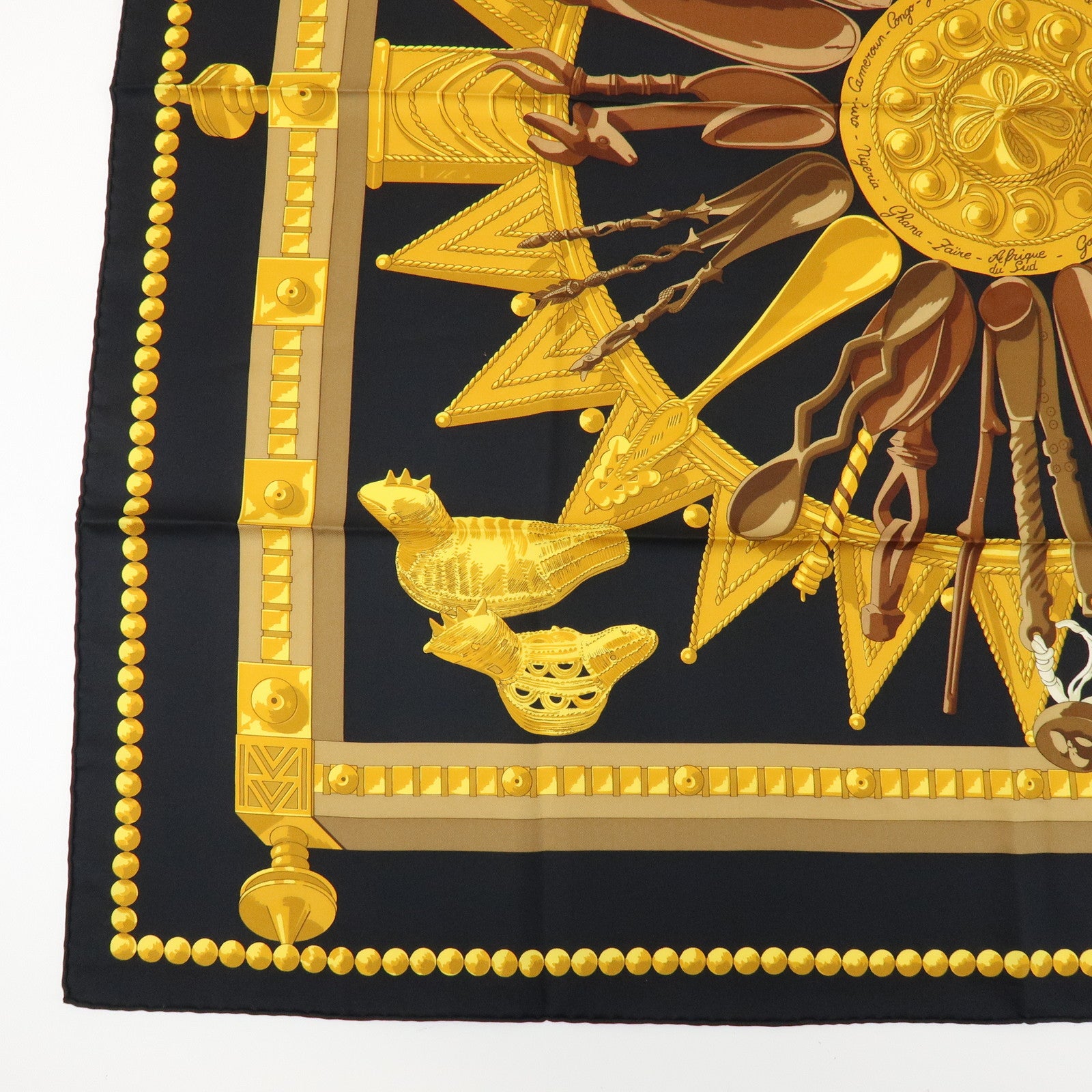 HERMES Carre 90 Silk 100% Scarf CUILLERS D'AFRIQUE Black Gold