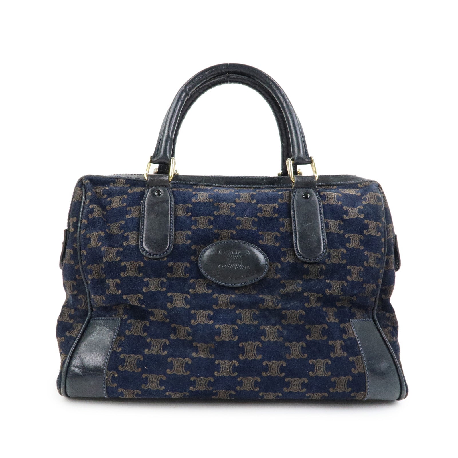 CELINE Macadam Leather Suede Hand Bag Boston Bag Navy