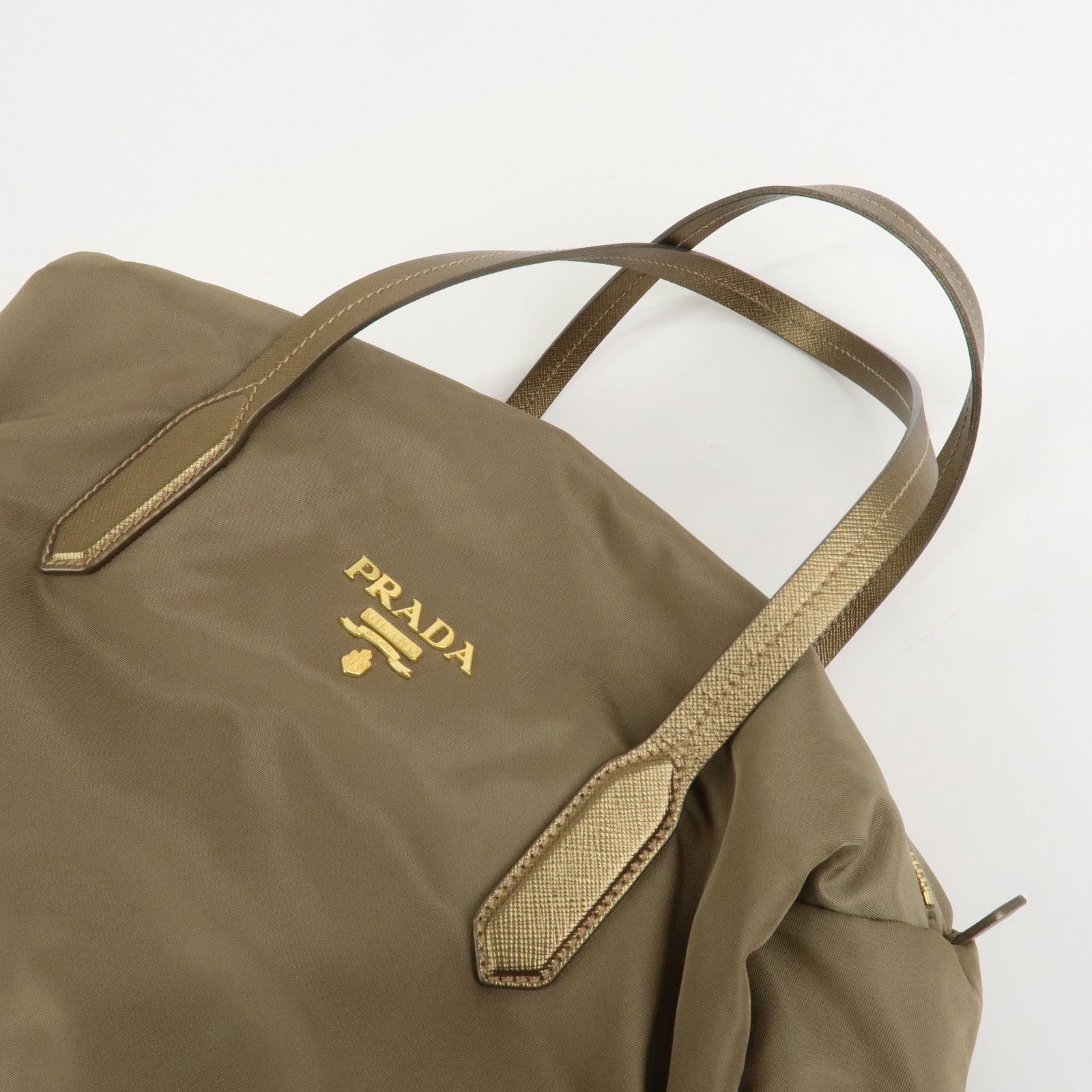 PRADA Logo Nylon Saffiano Leather Shoulder Bag Hand Bag Khaki