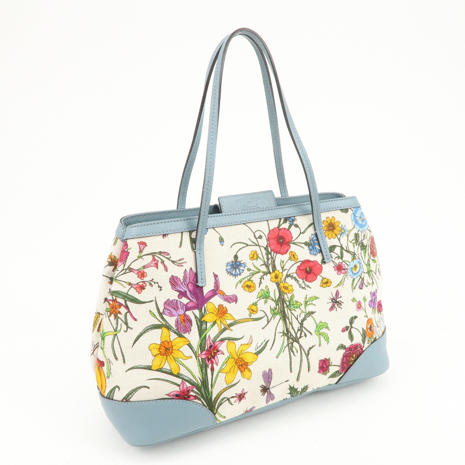 GUCCI Flora Canvas Leather Tote Bag Hand Bag Natural Blue 358470