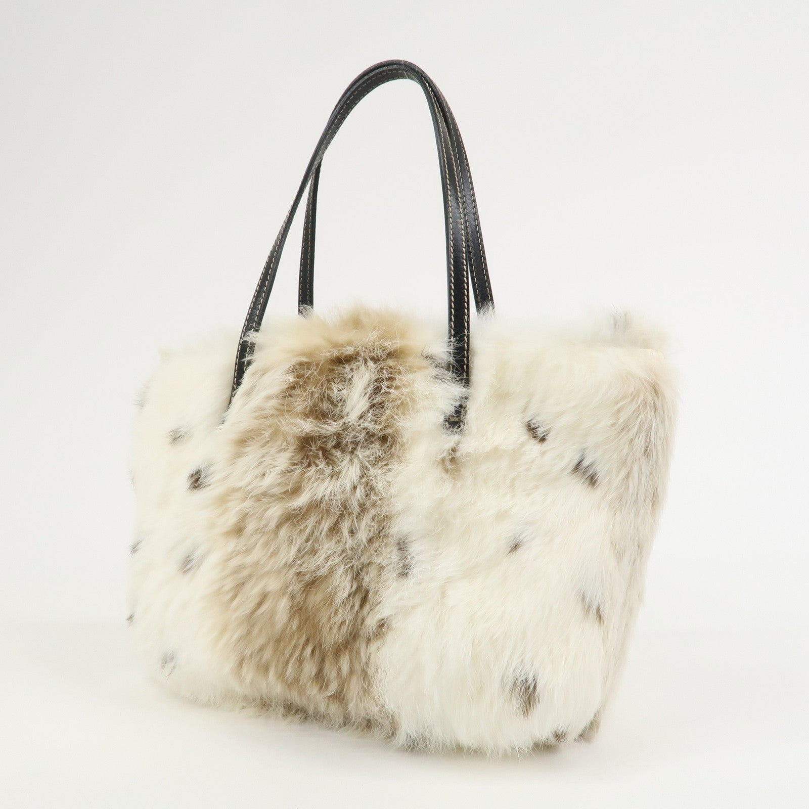 FENDI Fur Leather Hand Bag Tote Bag Ivory Light Brown 8BH056