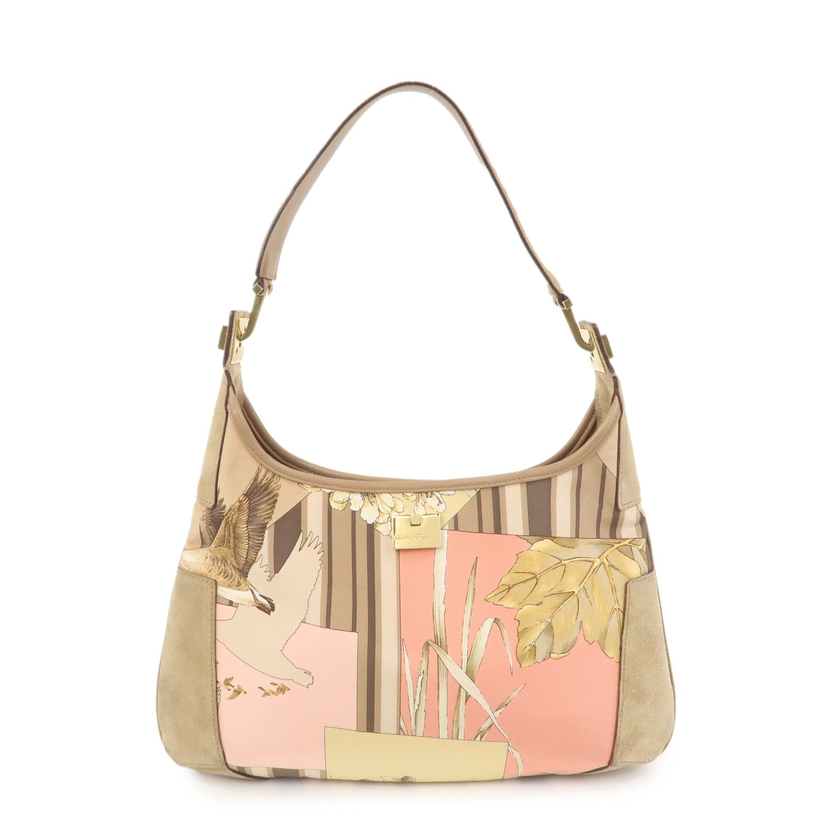 Ferragamo Nylon Leather Shoulder Bag Brown Pink Gold