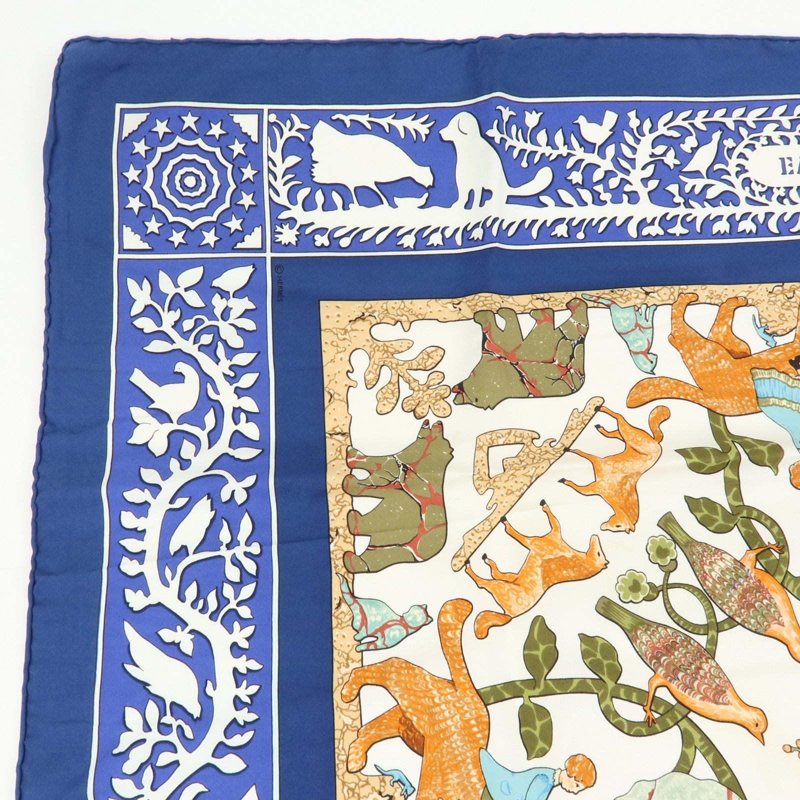 HERMES Carre 90 Silk 100% Scarf EARLY AMERICA Blue